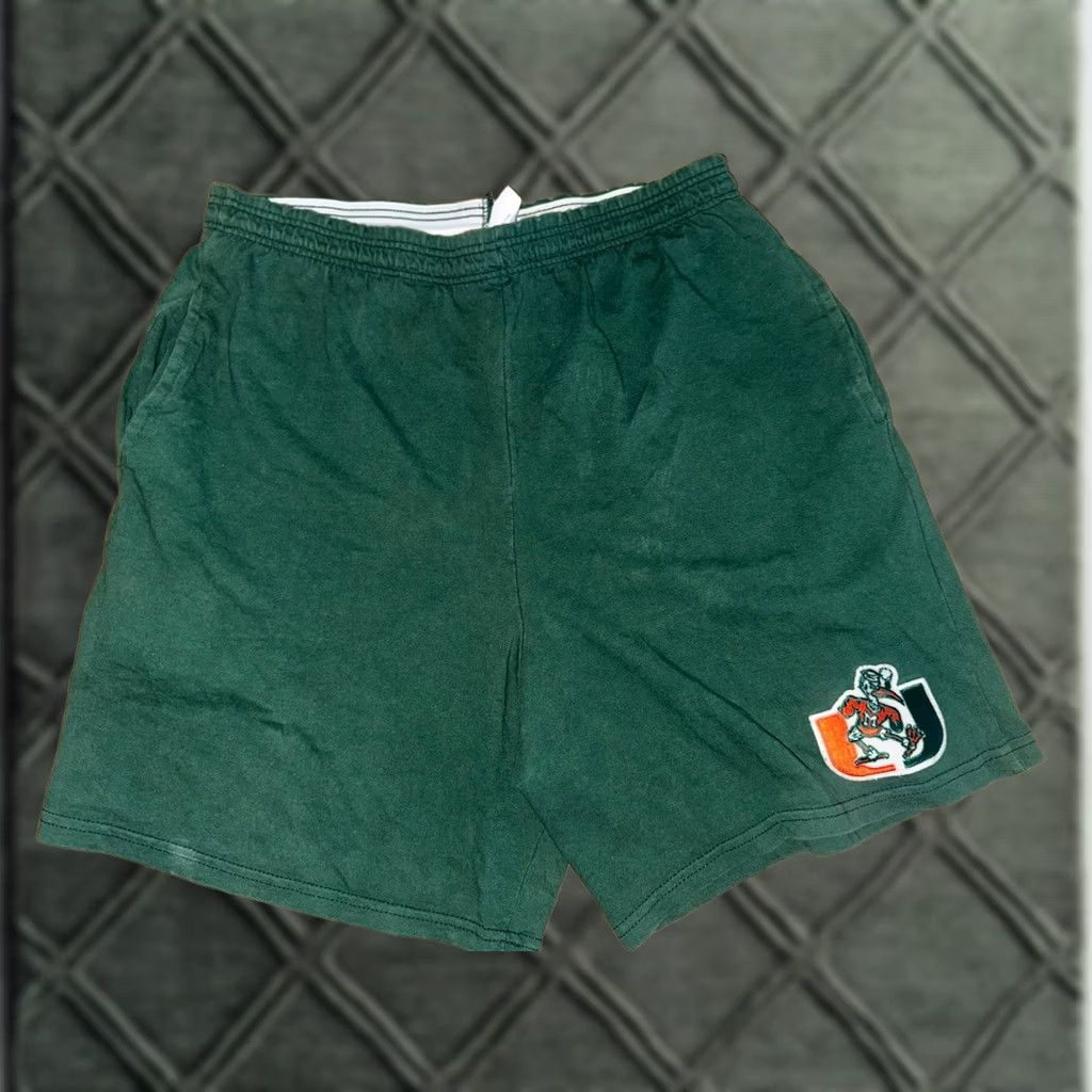 Vintage VINTAGE Majestic Gym Shorts Mens L Green Miami Hurricanes Drawstring EUC Size US 33 - 1 Thumbnail
