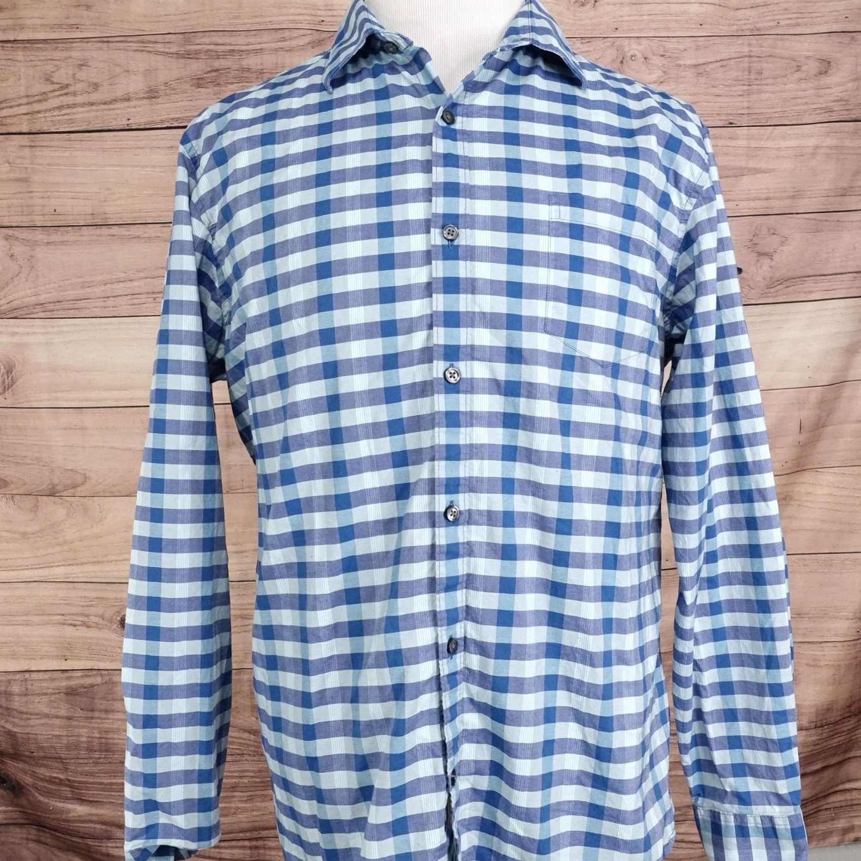 Liz Claiborne Claiborne Shirt Mens XL Blue Check Long Sleeve Button-Up Stretch Size US XL / EU 56 / 4 - 2 Thumbnail