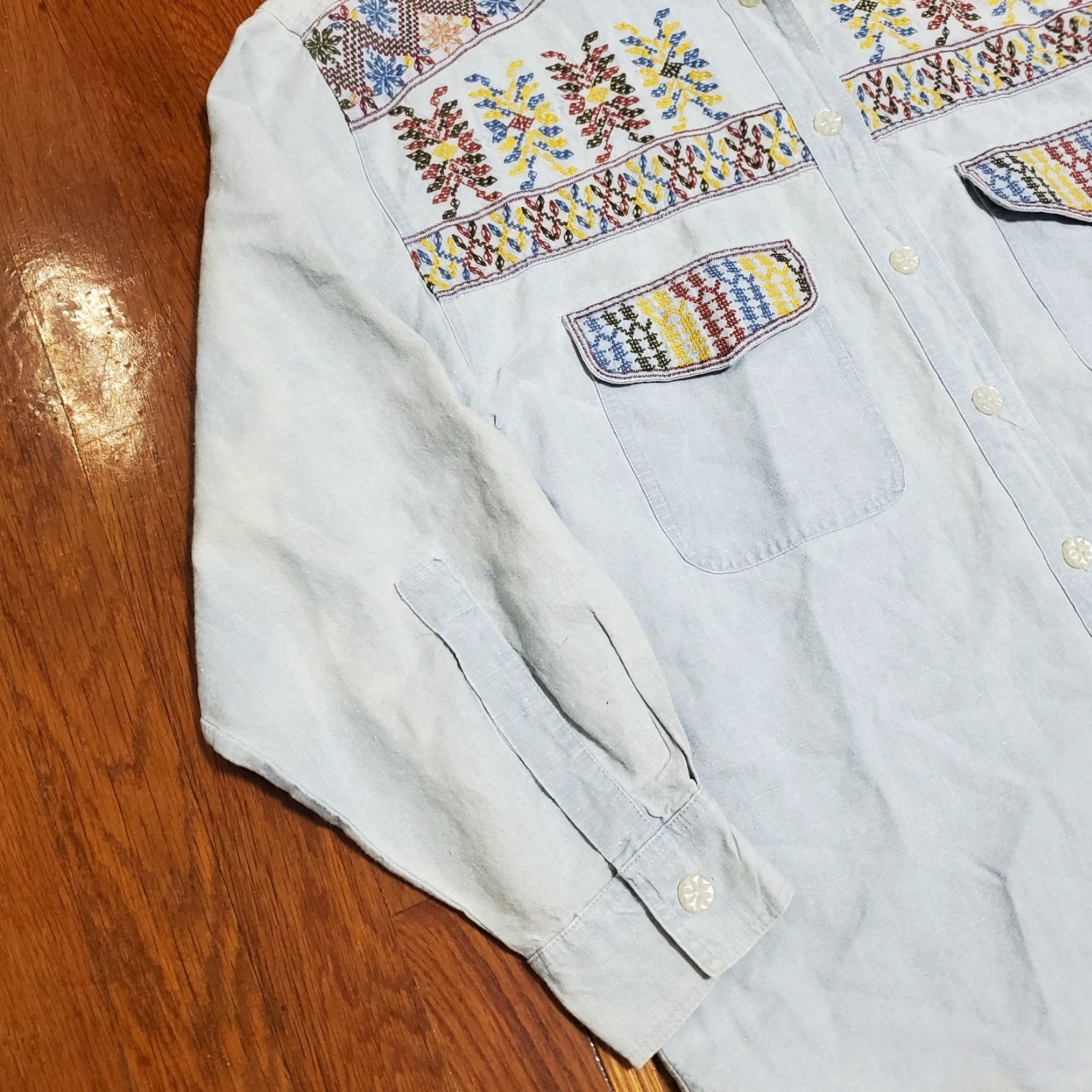 Vintage VINTAGE Cambridge Country Store Women Sz 12 Blue Linen Blend Shirt Southwestern Shirt Regular Womens 90s Bohemian Beige? Wait Size XL / US 12-14 / IT 48-50 - 2 Thumbnail