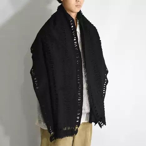 Yohji Yamamoto Black Distressed Yohji Yamamoto Fringed-Trim Wool Scarf Size ONE SIZE - 6 Thumbnail