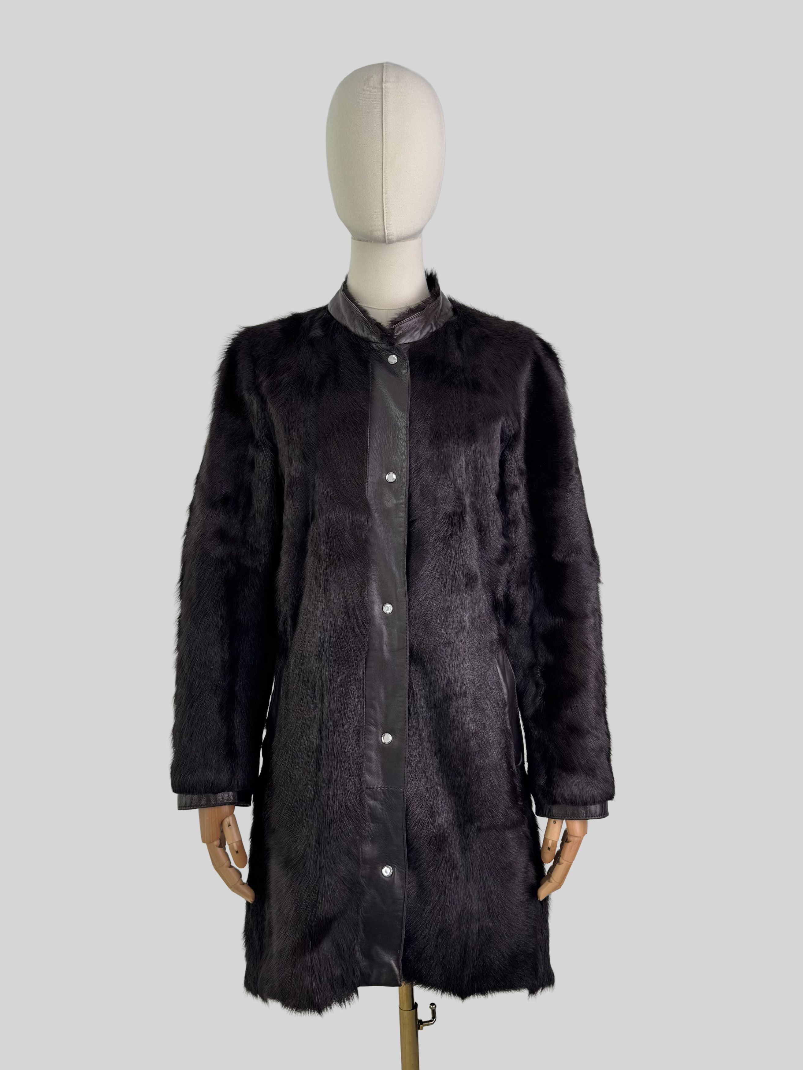 Vintage Women Vintage Real Fur Coat Dark Brown Leather Long Jacket Size S / US 4 / IT 40 - 1 Thumbnail