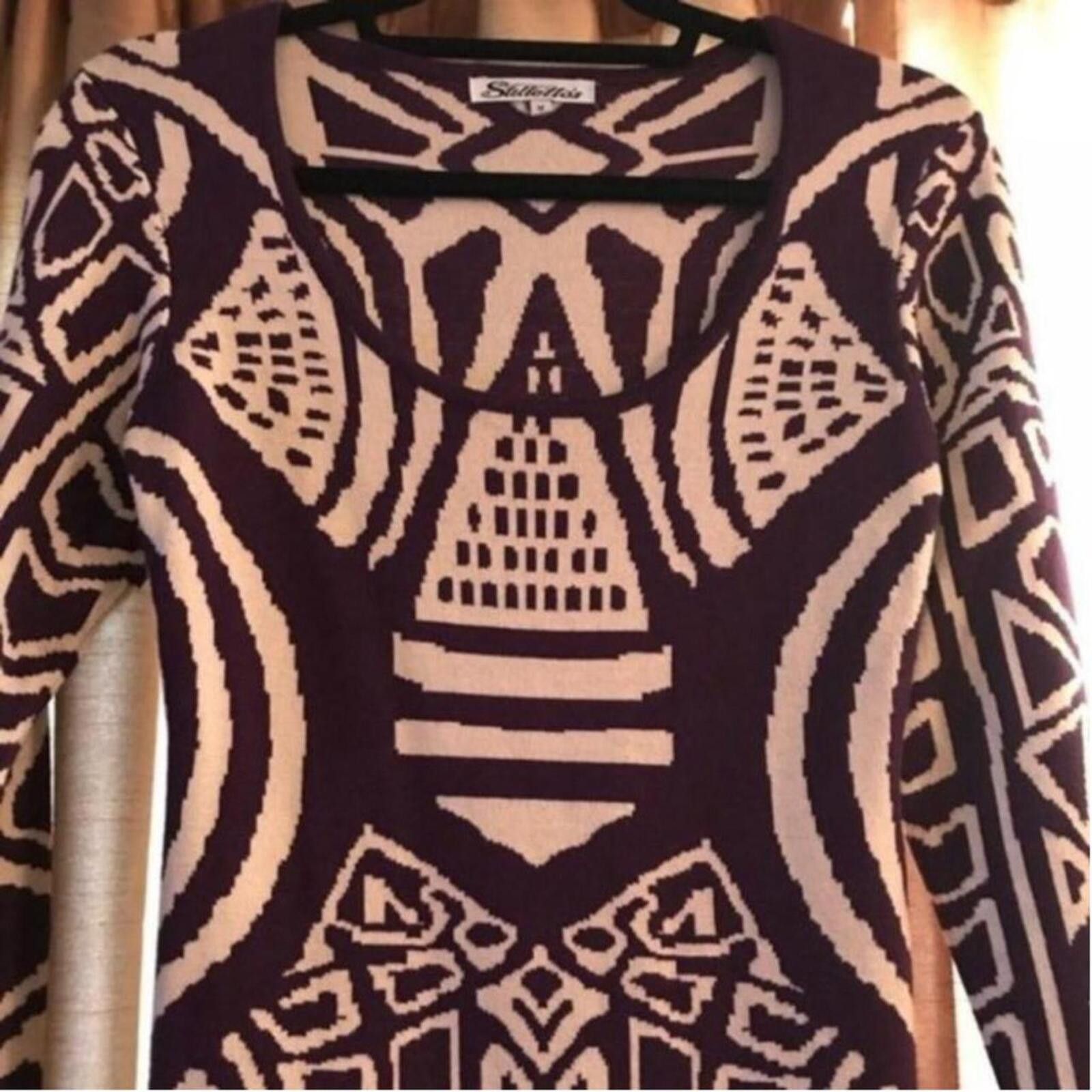 Other Stiletto's Purple and Beige Patterned Long Sleeve Dress Size Size M / US 6-8 / IT 42-44 - 4 Thumbnail