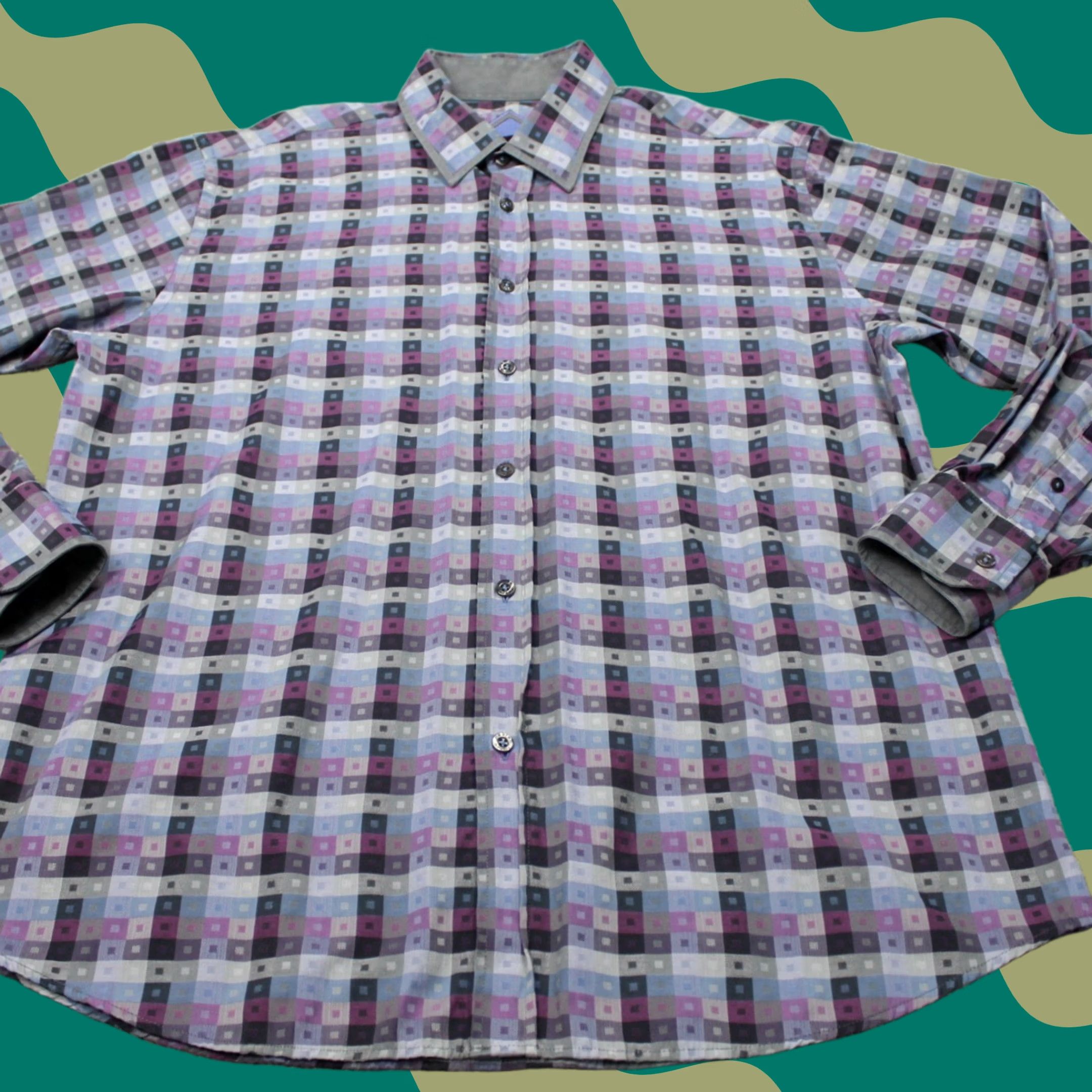 Vintage Franco Negretti Montreal Shirt Mens XL Purple/Blue Abstract Cotton Stretch L/S Size US XL / EU 56 / 4 - 1 Thumbnail