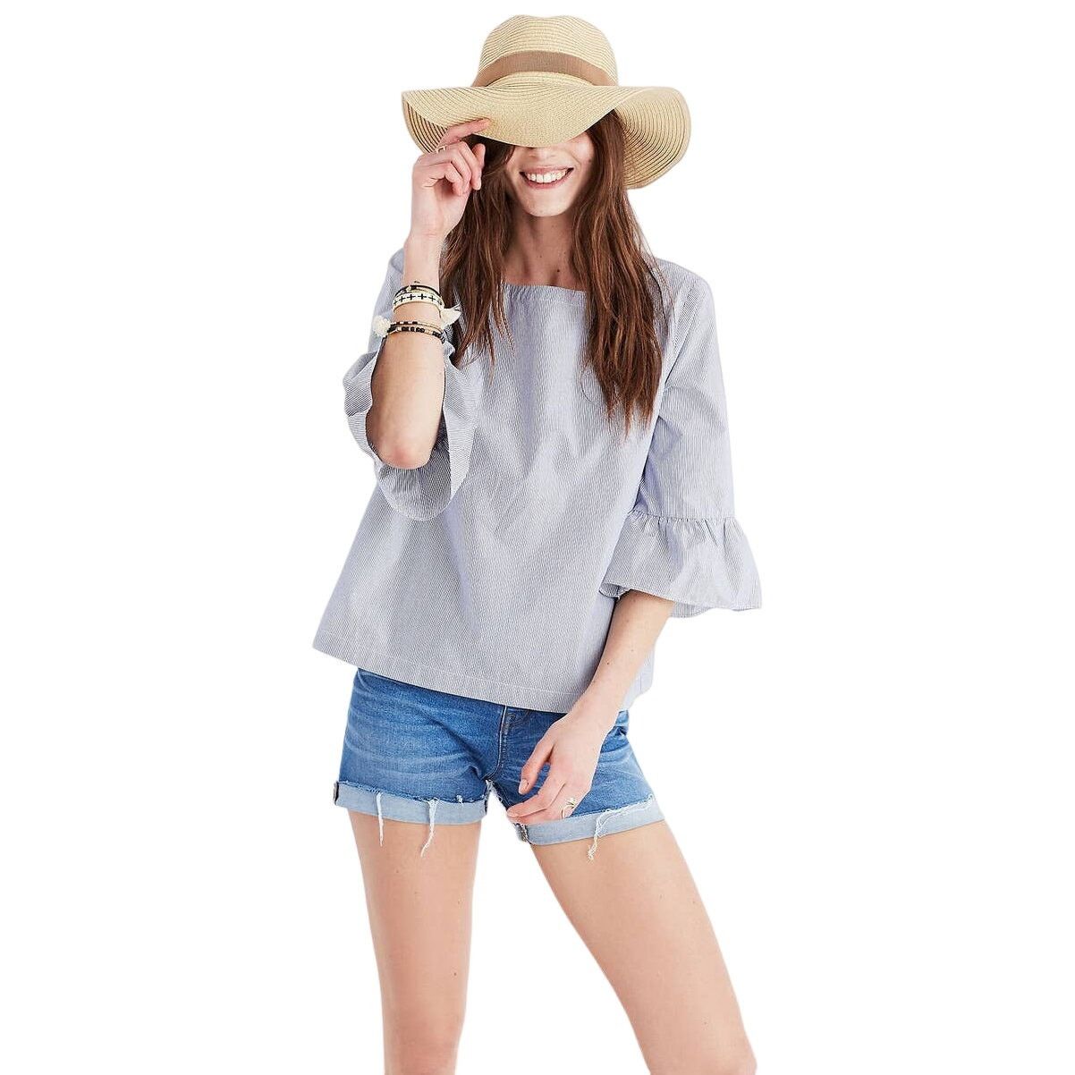 Madewell Madewell Striped Preppy Boho Bell Sleeve Cotton Top X-Small Size XS / US 0-2 / IT 36-38 - 2 Thumbnail