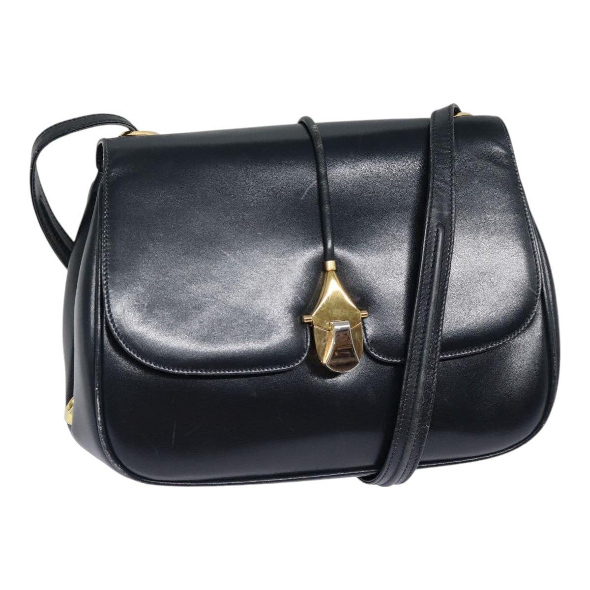 Gucci Shoulder Bag Leather Navy Gold in Blue, Women's