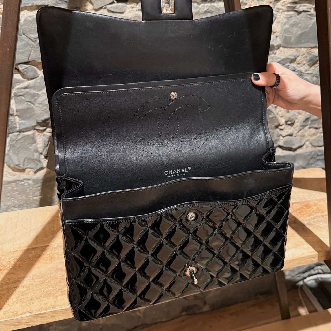 Chanel Chanel Black Patent Leather Maxi Classic Double Flap Bag Size ONE SIZE - 13 Thumbnail