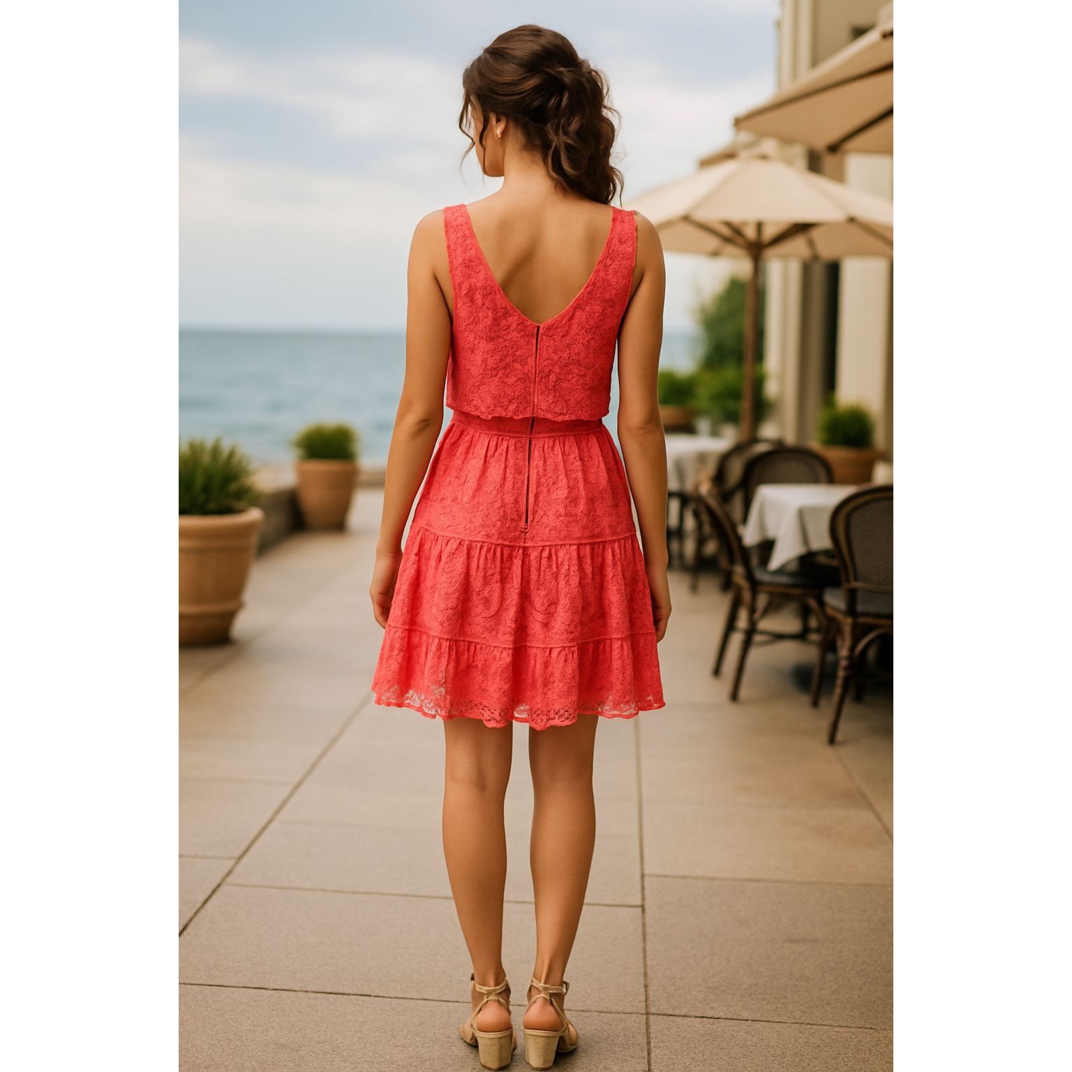 Other As U Wish NWT 13 Flirty Tiered Coral Lace Dress Open Back De Size XL / US 12-14 / IT 48-50 - 5 Thumbnail