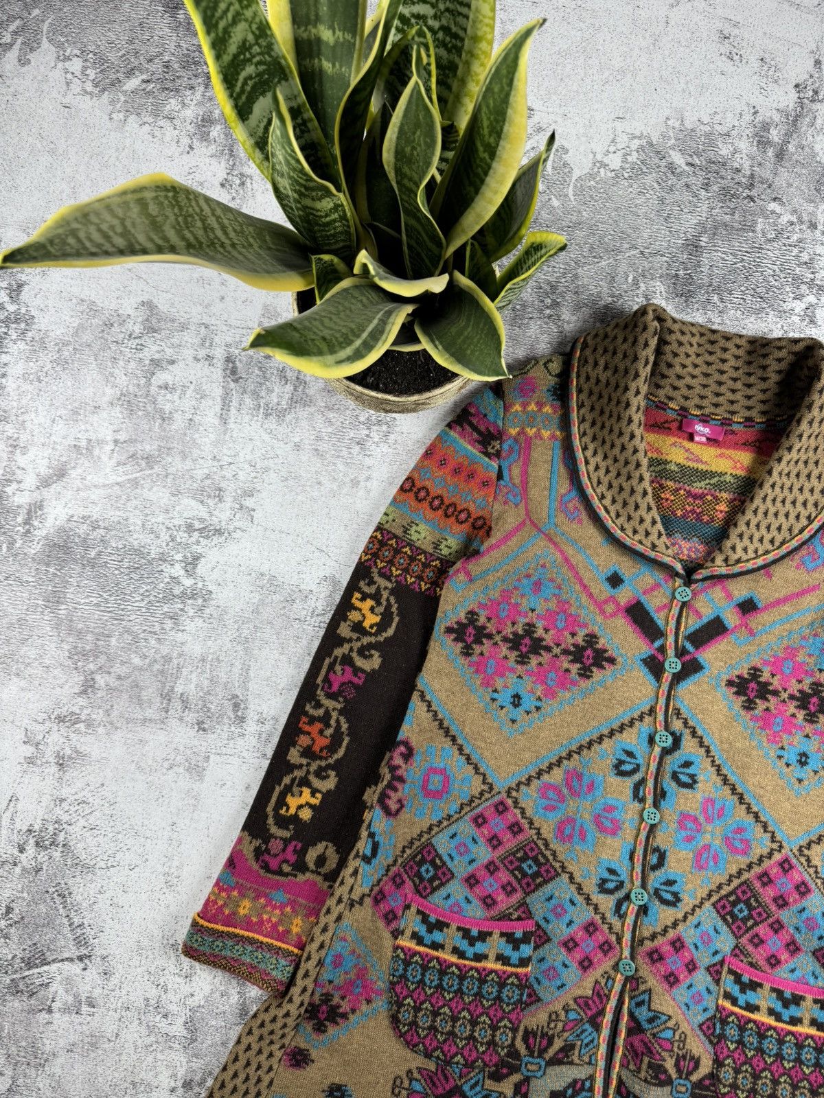 Designer × Vintage IVKO Lambs Wool 38 Knit Floral Long Cardigan Sweater Dress Size M / US 6-8 / IT 42-44 - 4 Thumbnail
