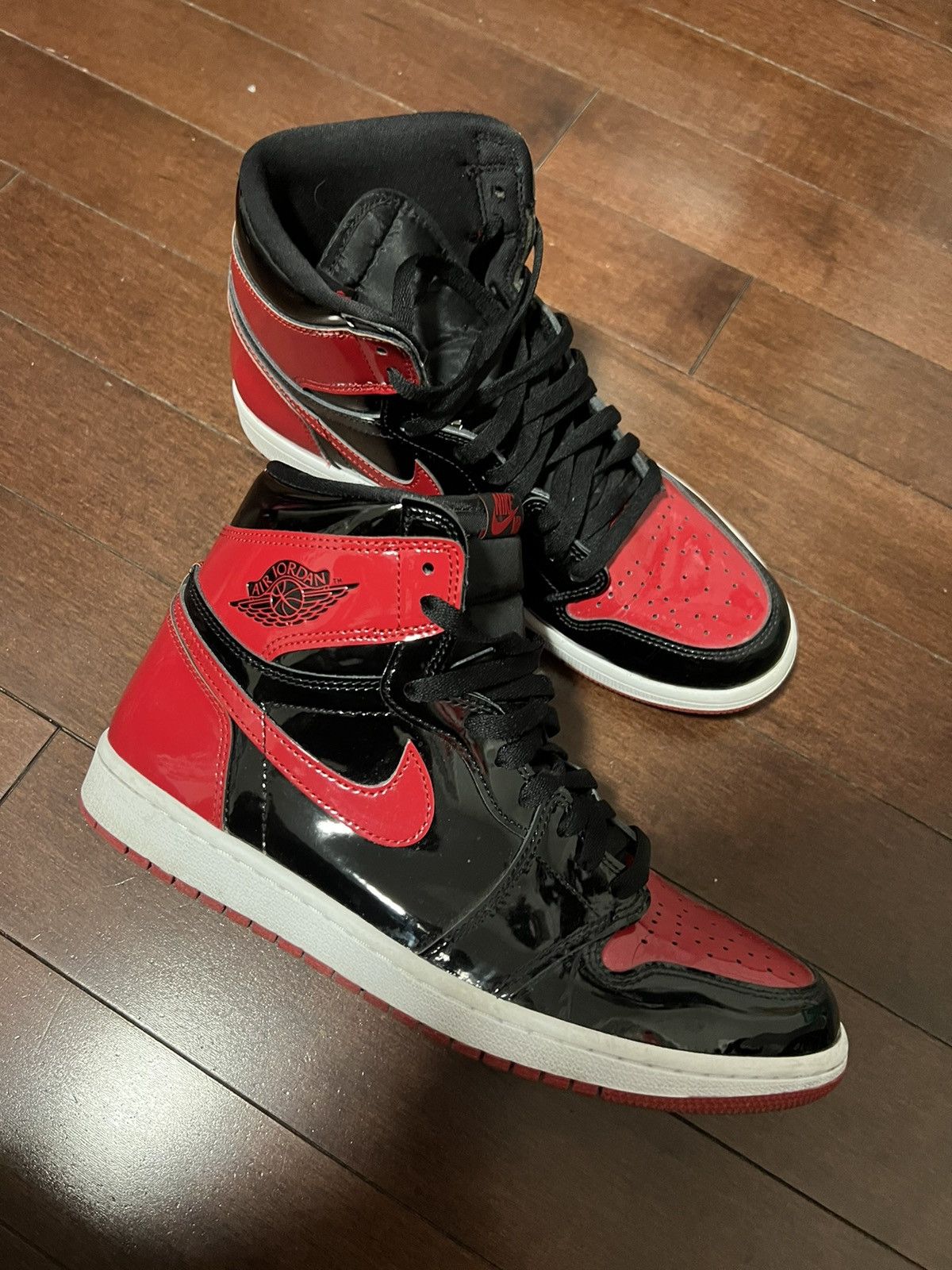 image of Jordan Nike Jordan 1 High Patent Bred Shoes, Men's (Size 11)