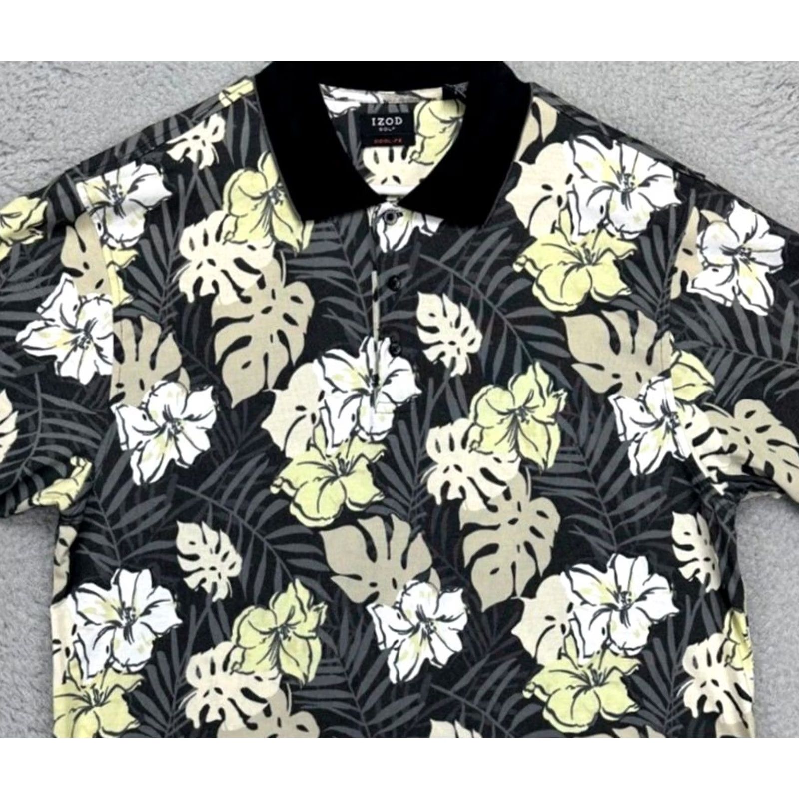 Izod Izod Golf Shirts Adult Large Cool-Fx Black Floral Nylon Blend Polo Rugby Mens Size US L / EU 52-54 / 3 - 2 Thumbnail