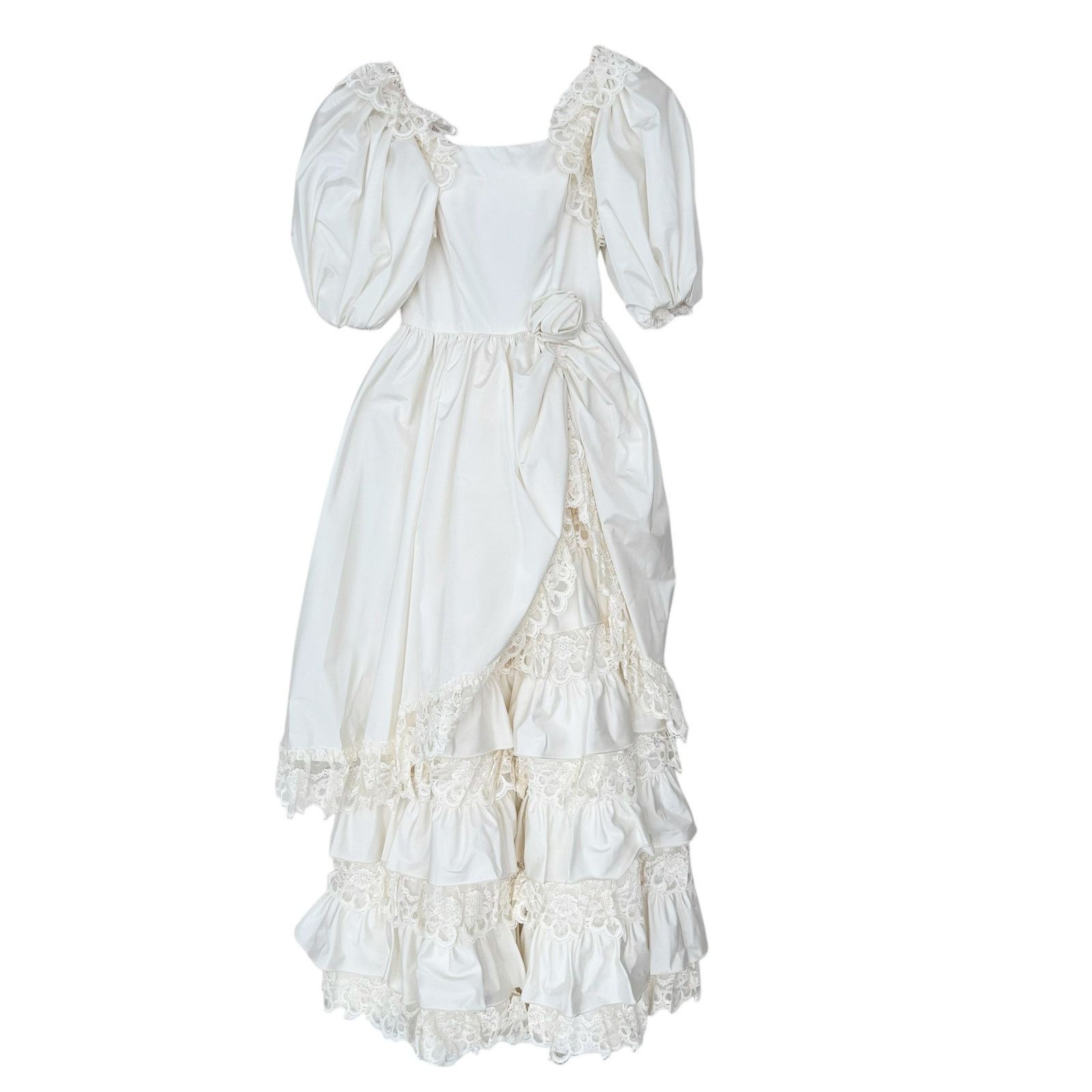 Vintage Victorian Puff Sleeve Tiered Lace Wedding Dress XS