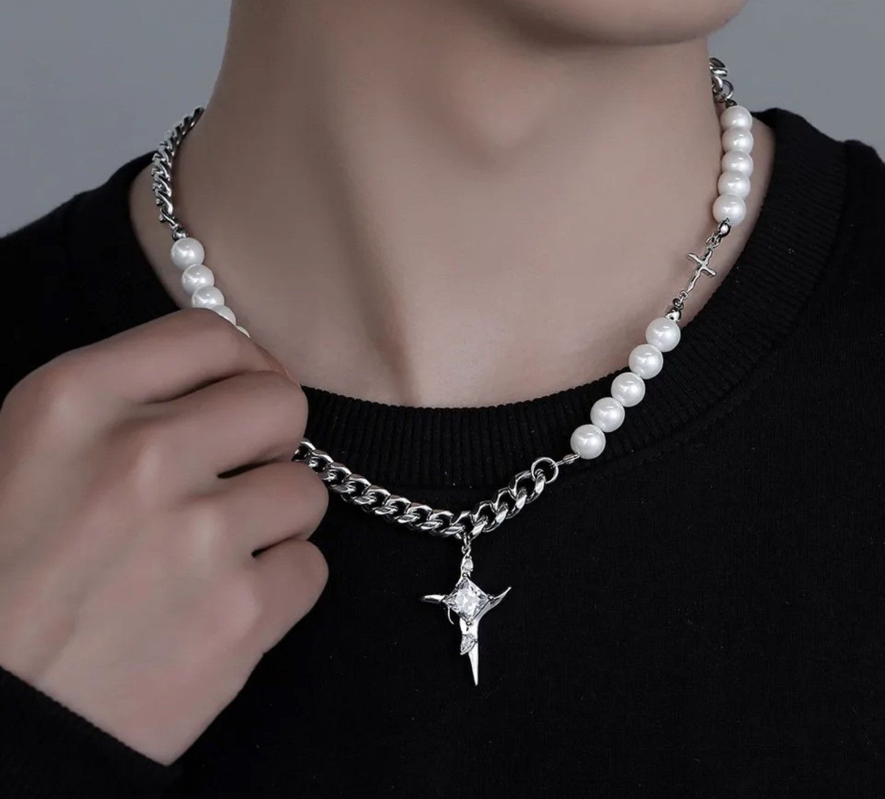 Jewelry Hip Hop Imitation Pearl Cross Necklace Size ONE SIZE - 2 Thumbnail