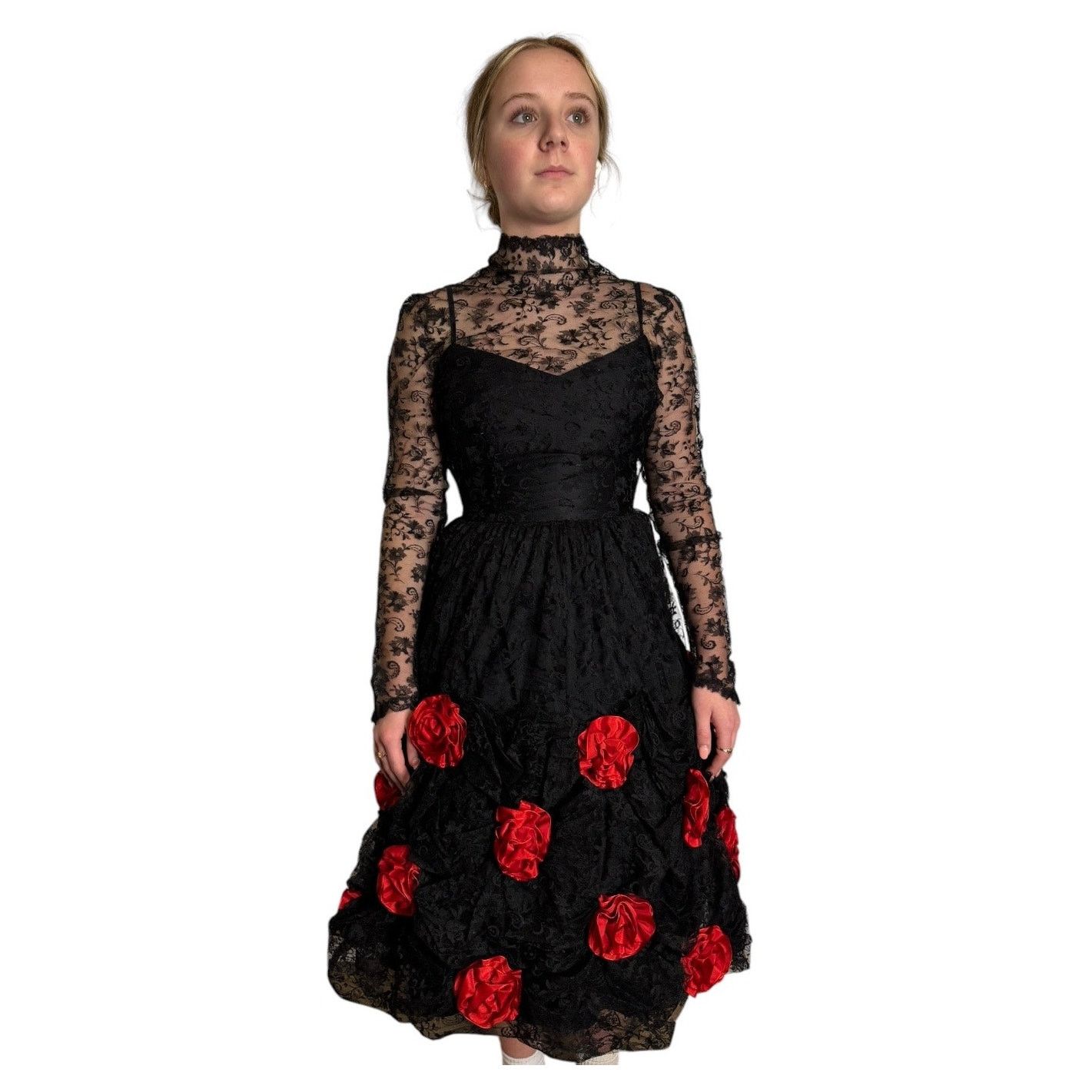 Vintage Vtg An original by DUSAUZAY black Lace Red Roses dress Size XS / US 0-2 / IT 36-38 - 8 Thumbnail
