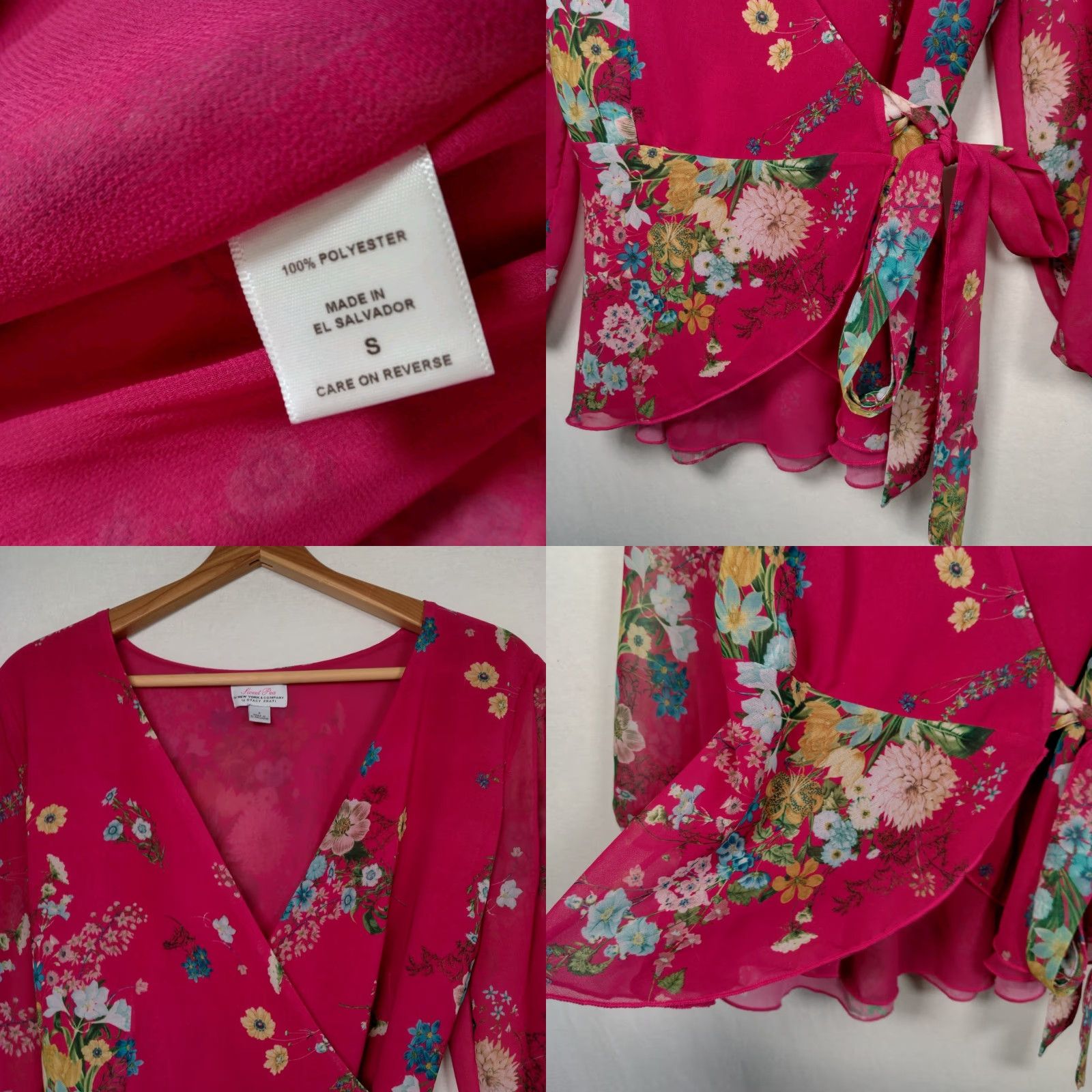 Vintage New York & Co Wrap Blouse Pink Floral Semi Sheer Tie Long Sleeve Small Women V-Neck Chiffon Polyester Womens Size S / US 4 / IT 40 - 8 Thumbnail