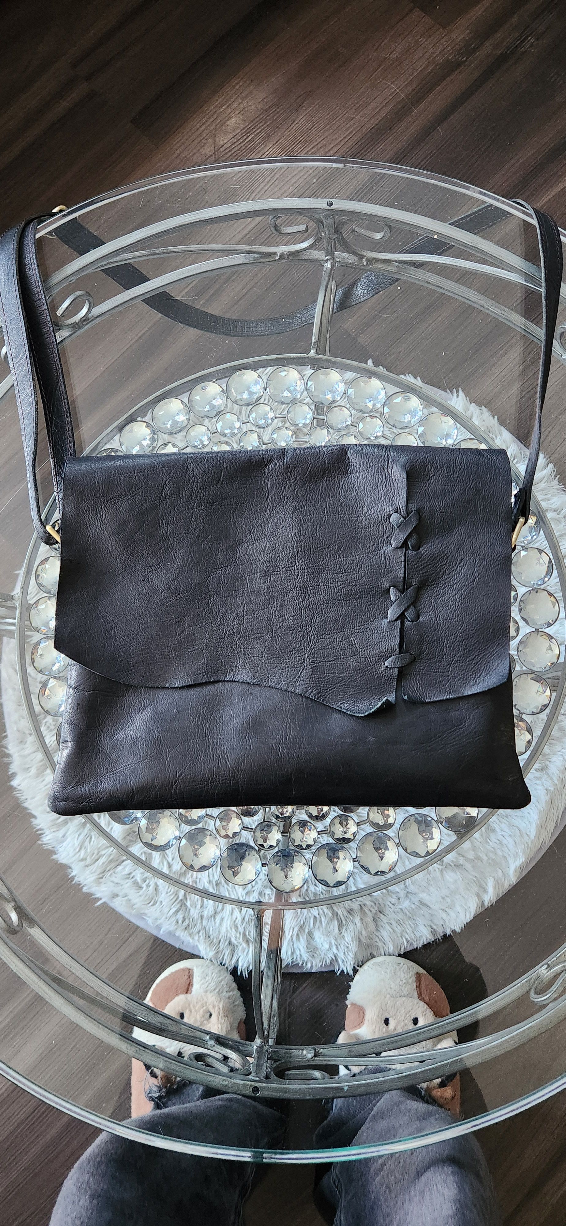 Black calf leather side bag