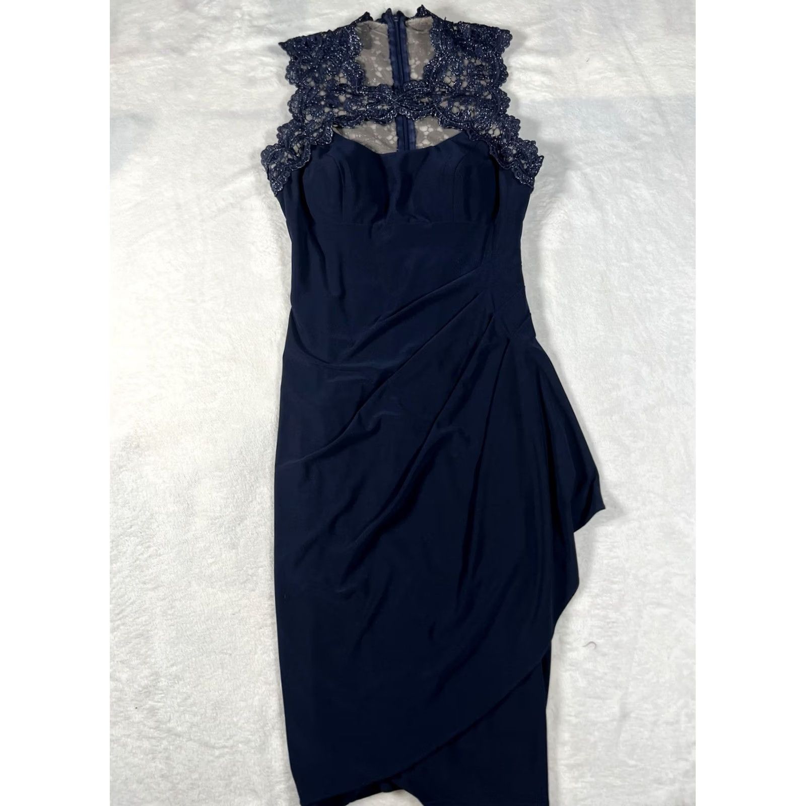 Vintage Cache' Navy Blue Net & Lace Key Hole Midi Dress - Sleeveless Ruched Waist Formal 2 NWT 14575 Size XS / US 0-2 / IT 36-38 - 2 Thumbnail