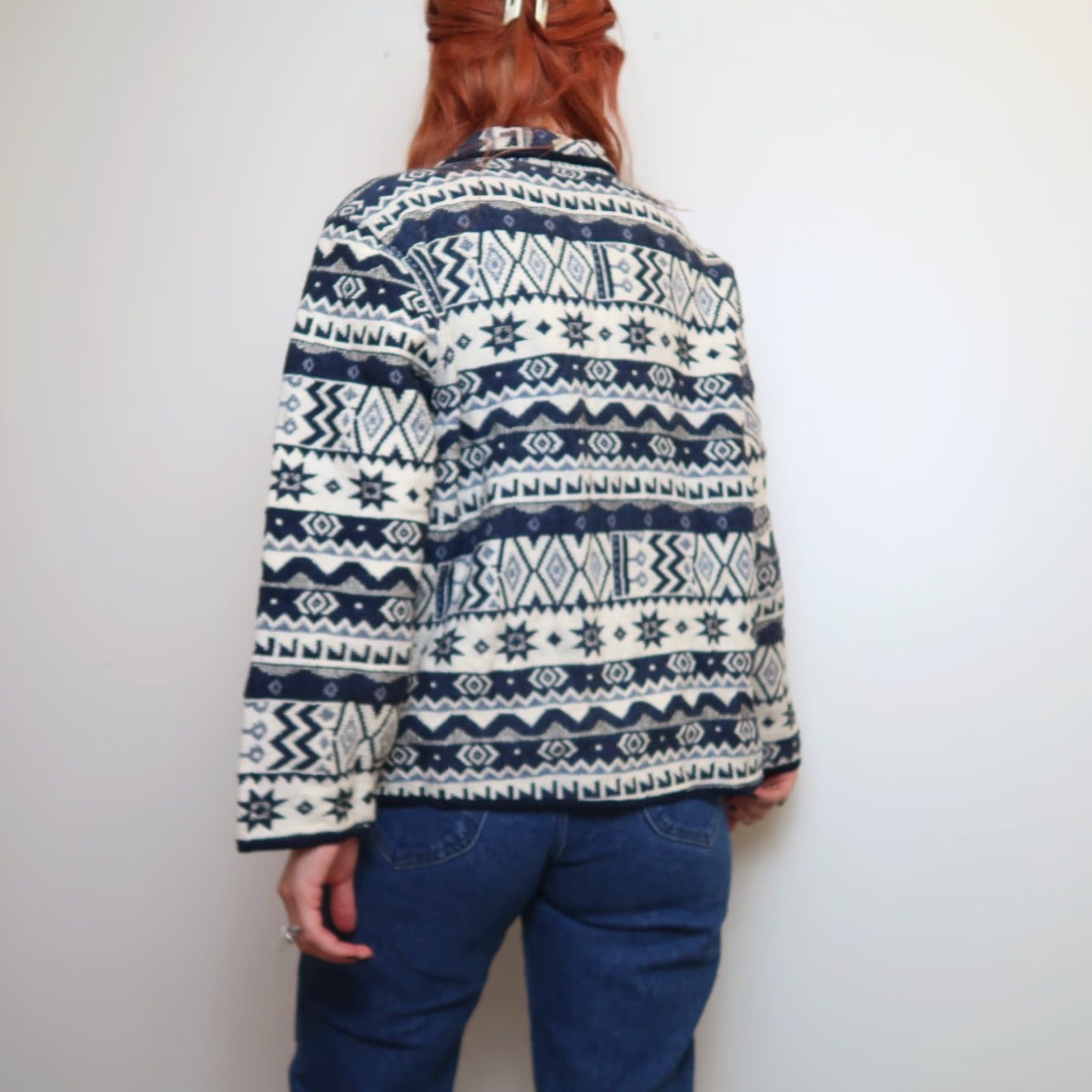 Vintage VINTAGE 90s blue and cream tapestry jacket coat Jane Ashley 1X XL Geometric Cotton Casual Mens Womens Adults? Size XL / US 12-14 / IT 48-50 - 3 Thumbnail