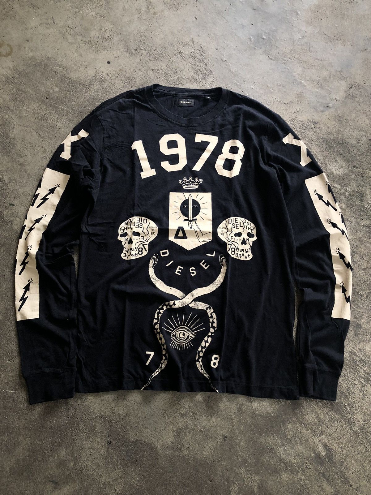image of Diesel Long Sleeve Illuminati Skull Design in Black, Men's (Size Large)