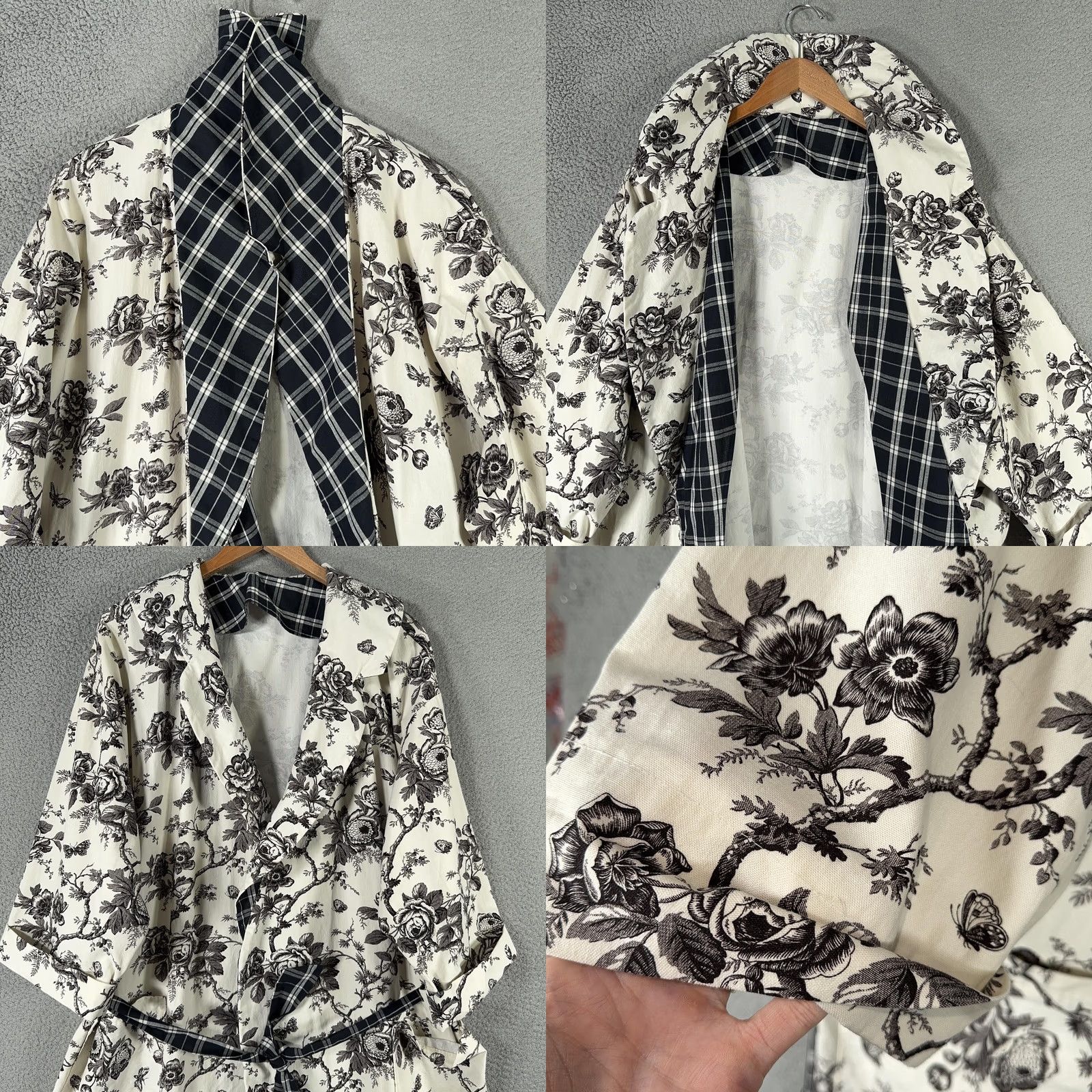 Vintage VINTAGE Handmade Robe One Size Black White Floral Toile de Jouy Kimono Belted Size ONE SIZE - 10 Thumbnail