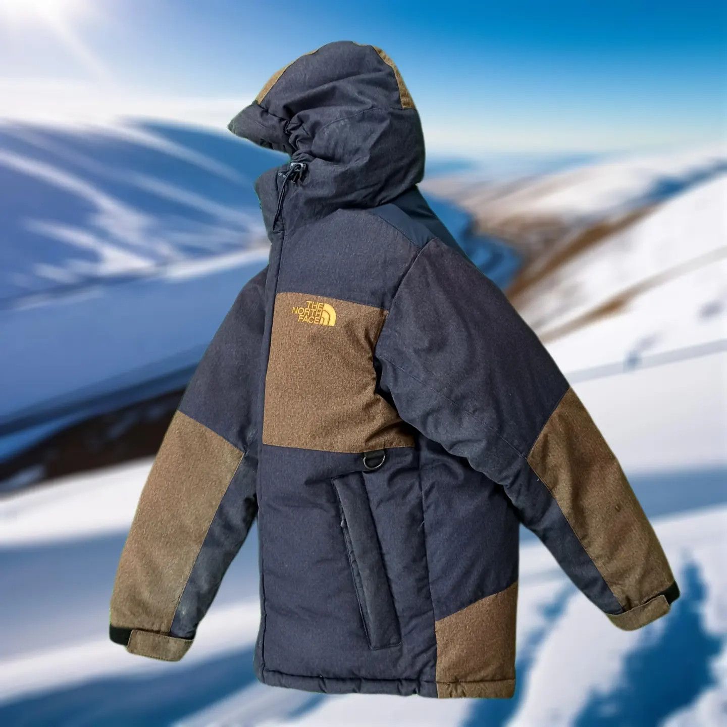 image of The North Face New Pioneer White Label Down Jacket in Navy/Brown, Men's (Size Large)