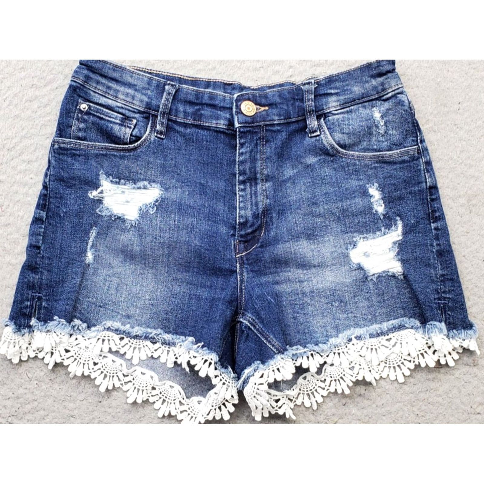 H&M H&M Denim Shorts Girls 12-13Y Blue Distressed Lace Trim High Waisted 5-Pockets Size 34" / US 12 / IT 48 - 2 Thumbnail