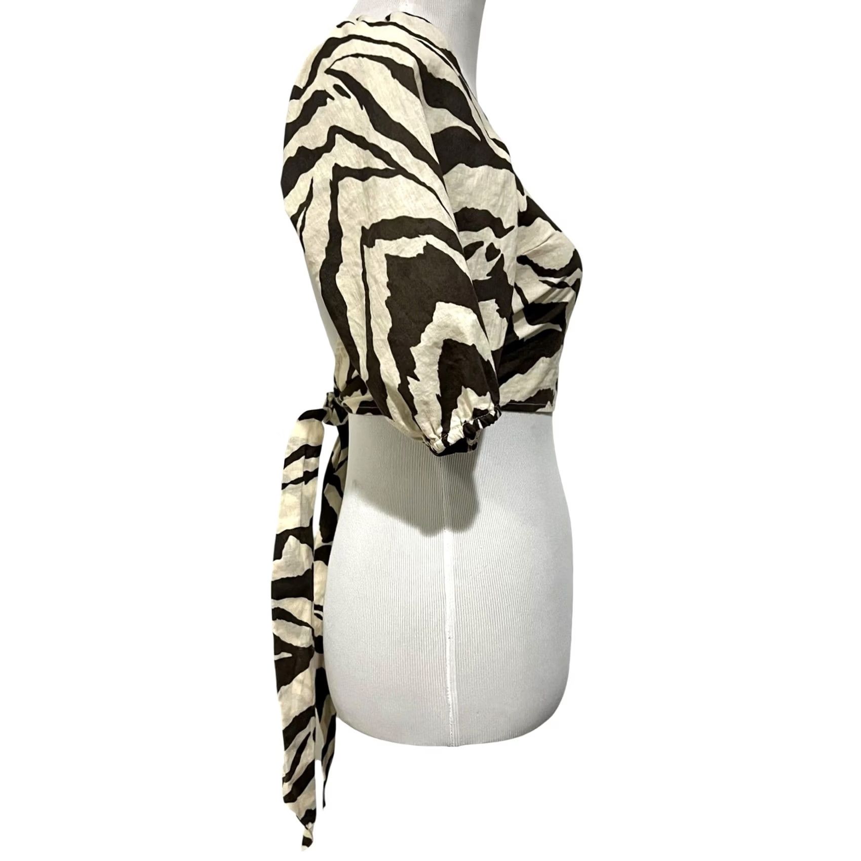 H&M H&M Cropped Top Womens S Beige Zebra Print Linen Slim Square Neck Open Back Shirt" Size S / US 4 / IT 40 - 6 Thumbnail
