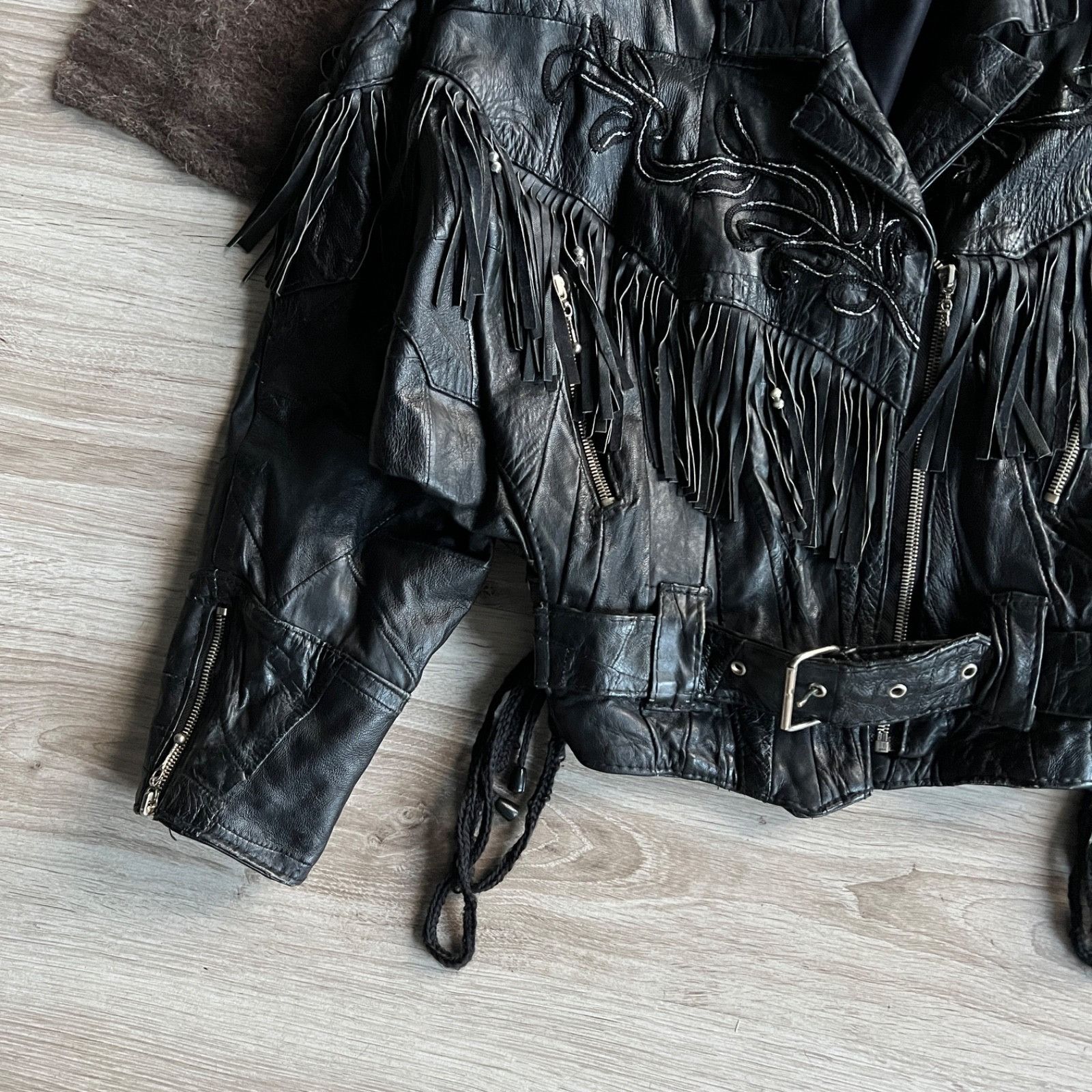 Leather Vintage Leather Fringe Western Biker Patchwork Jacket 9723AC Size S / US 4 / IT 40 - 6 Thumbnail