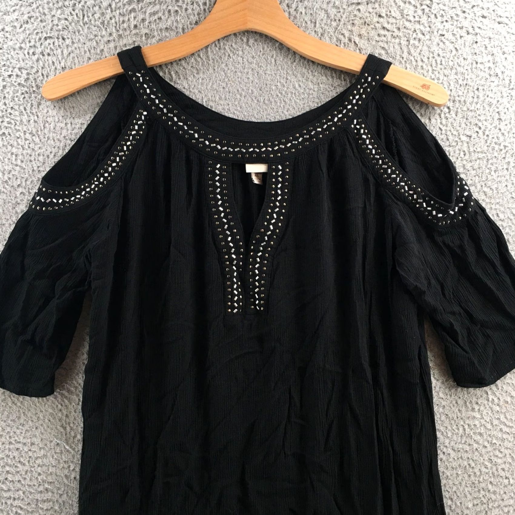 Vintage Knox Rose Blouse Womens XL Solid Black Cold Shoulder Studded 3/4 Sleeve Top Size XL / US 12-14 / IT 48-50 - 2 Thumbnail