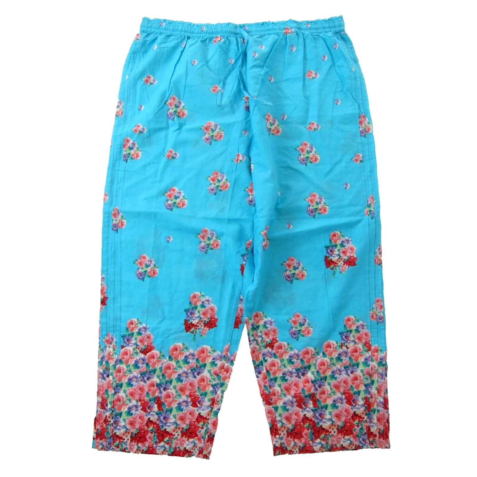Vintage LA CERA 100% Cotton Blue Pink Green Rose Floral Wide Leg Pull On Pant Women XL Shirt Size 40" / US 18 - 2 Thumbnail