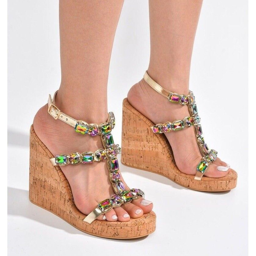 Other Summer Time Colorful Jeweled Cork Wedge High Heel Sandals (U Size US 6 / IT 36 - 9 Thumbnail