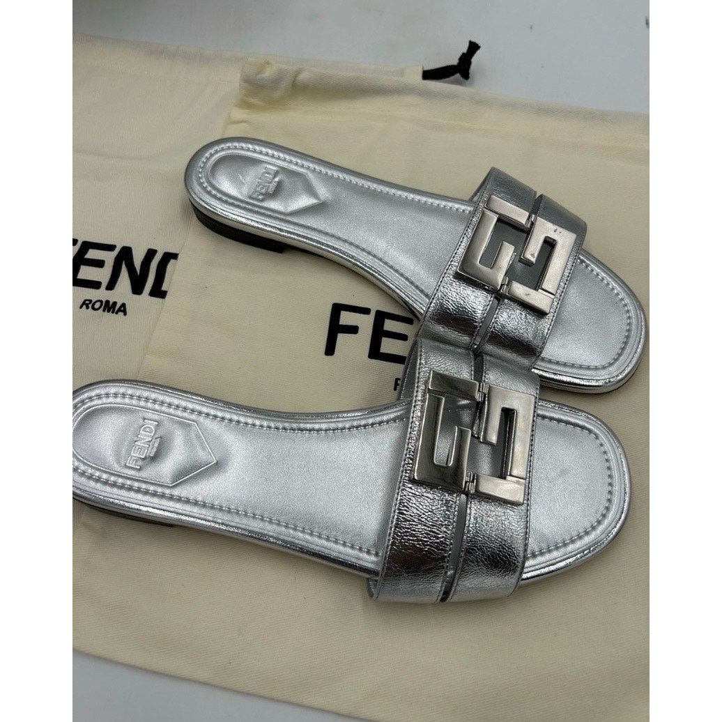 Fendi Fend Silver Slide Sandals - Metallic Leather Flat size 38 Size US 8 / IT 38 - 6 Thumbnail