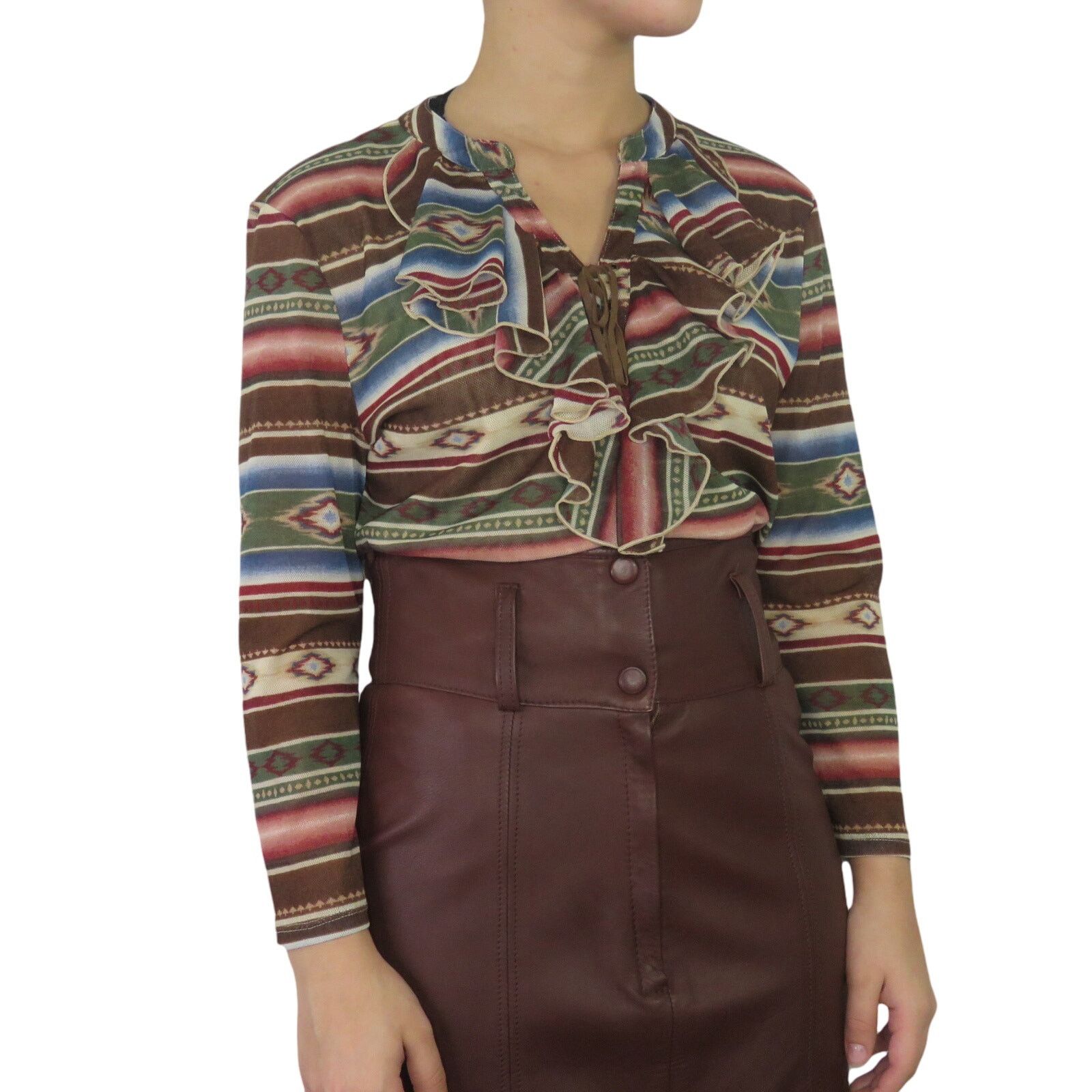 Chaps × Vintage Vintage Chaps Brown Tribal Ruffle Blouse Large Southwestern Size L / US 10 / IT 46 - 4 Thumbnail