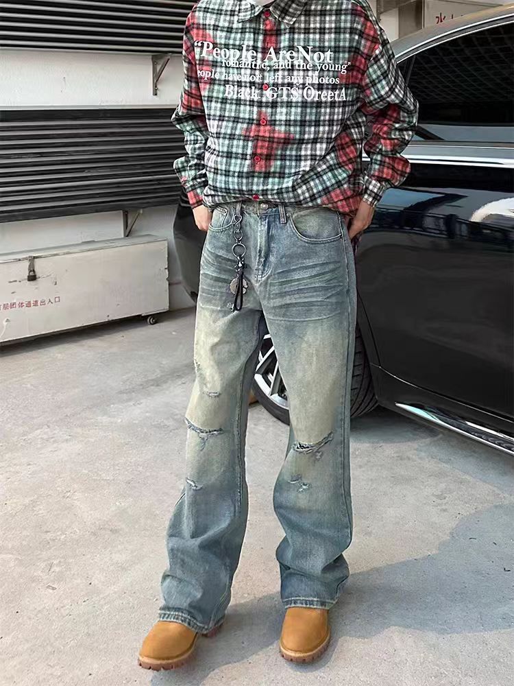 Designer × Jean × Vintage Dirty Dye Washed Ripped Straight Leg Jeans Size US 34 / EU 50 - 3 Thumbnail