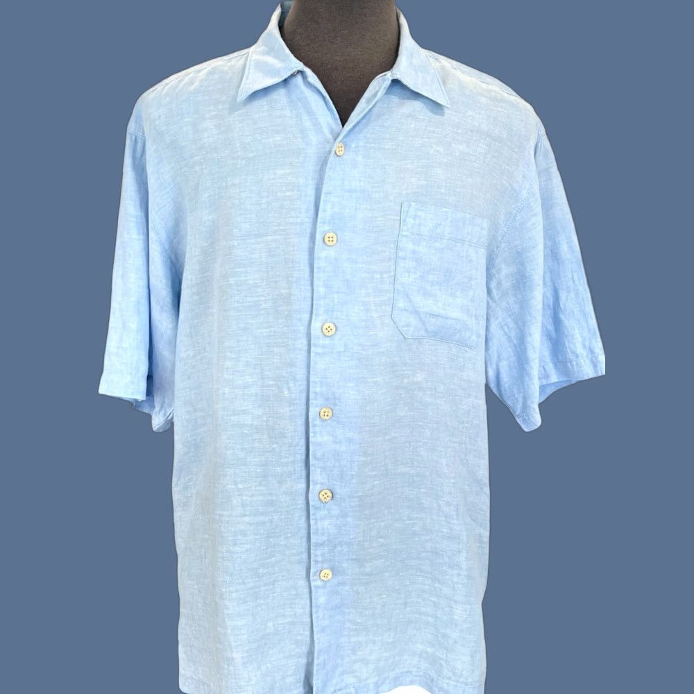 Tommy Bahama Tommy Bahama Large Blue Linen Camp Shirt Hawaiian Wood Button Logo Relaxed EUC Shirt Mens L Blue Linen Camp Shirt Logo Relaxed EUC Size US L / EU 52-54 / 3 - 1 Thumbnail