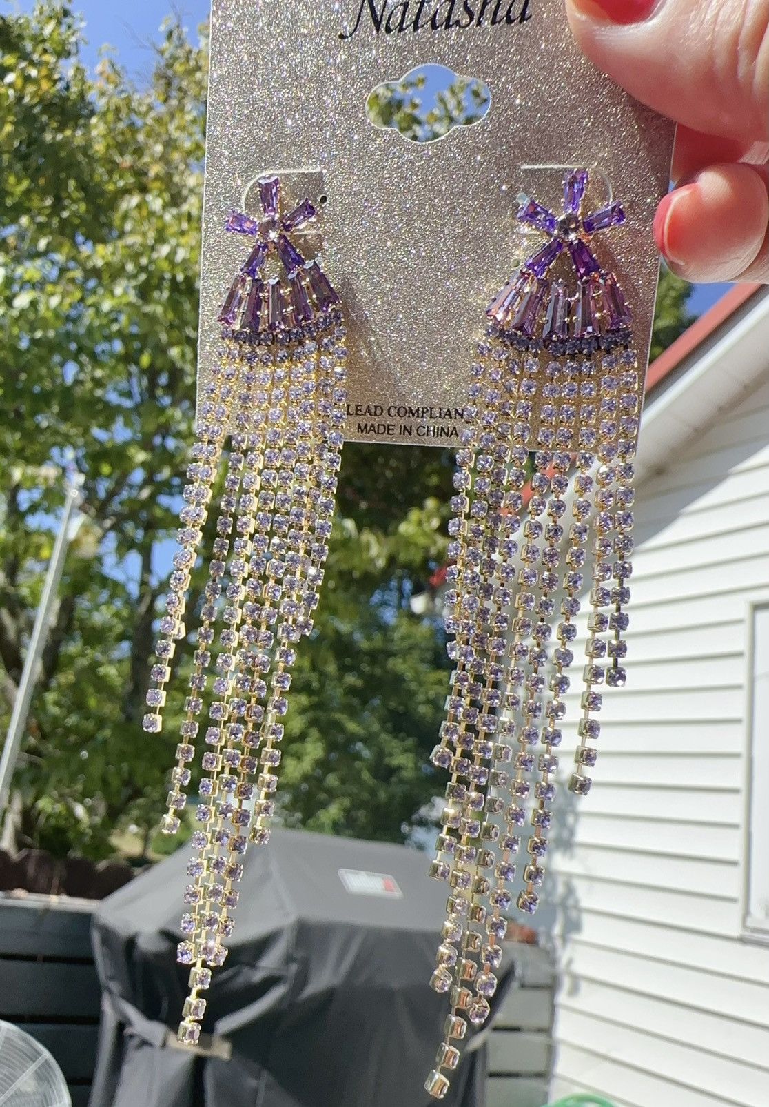Designer Natasha gold tone purple crystal flower tassel earrings Size ONE SIZE - 3 Thumbnail