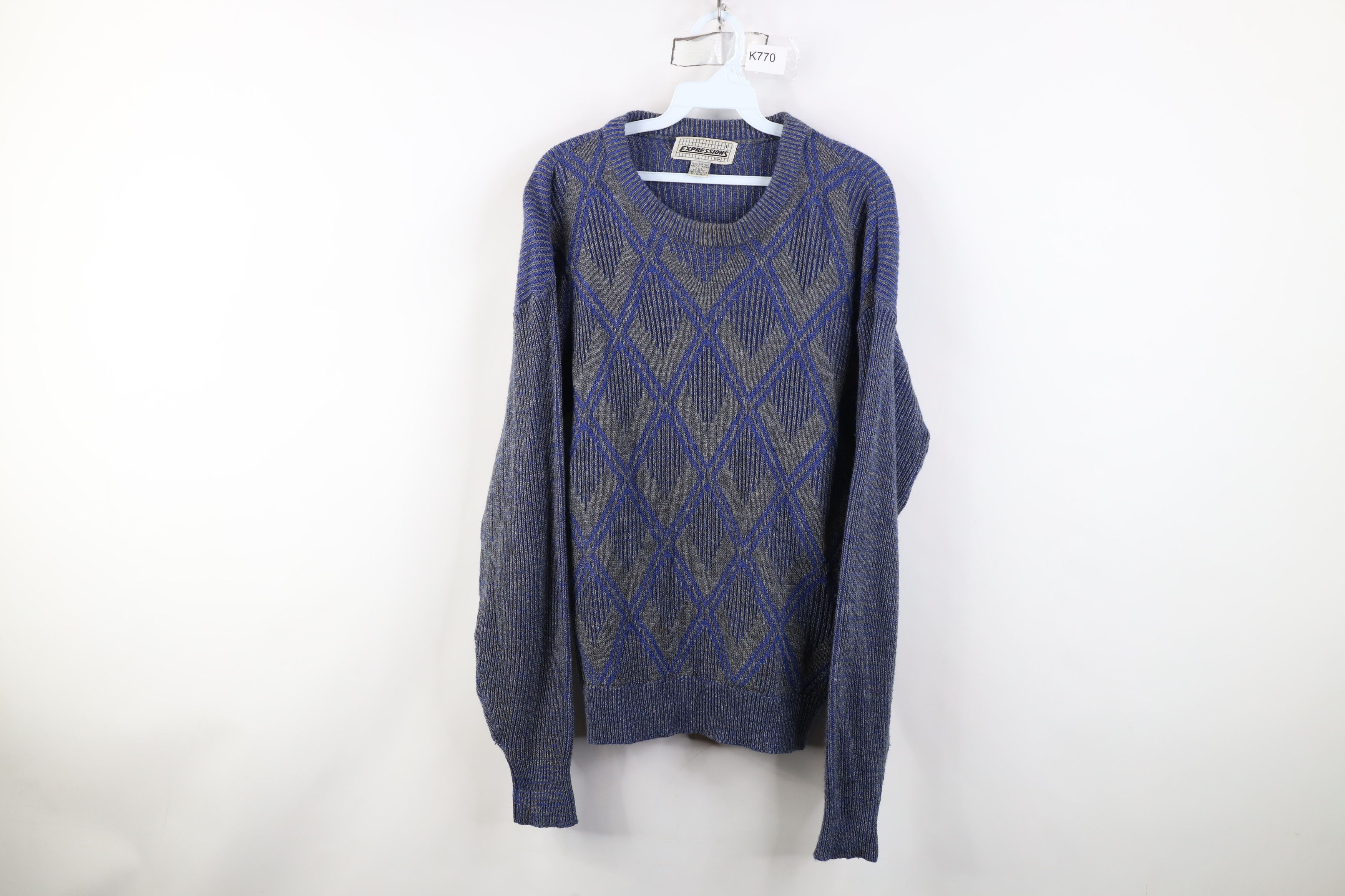 Vintage Vintage 90s Streetwear Argyle Ribbed Knit Crewneck Sweater Size L / US 10 / IT 46 - 1 Thumbnail