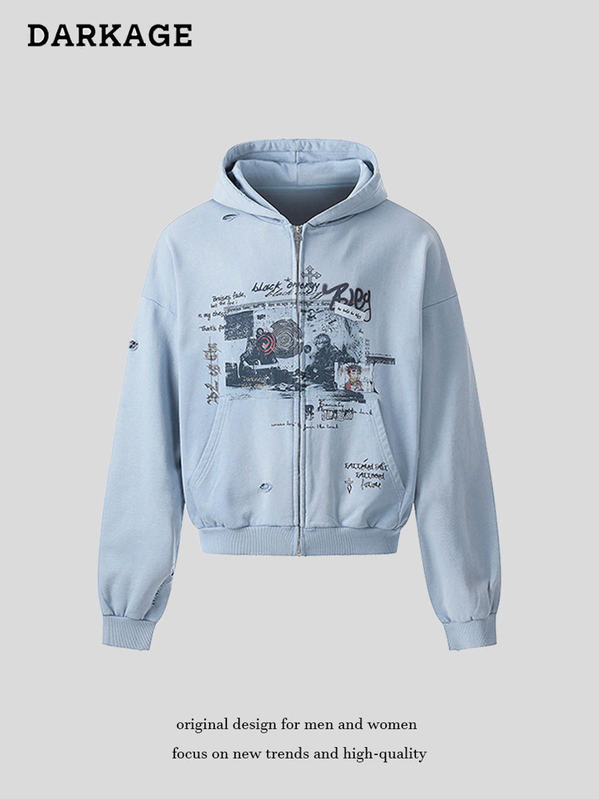 Other Ripped Print Washed Graphic Zip Hoodie | Baby Blue Size US M / EU 48-50 / 2 - 2 Thumbnail