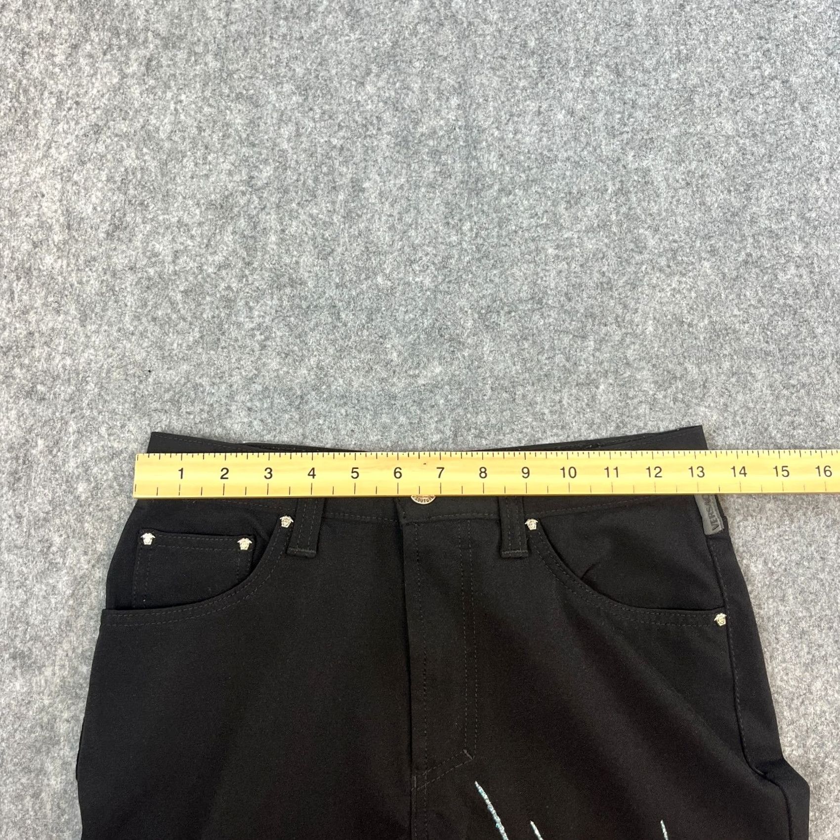 Versace VINTAGE Versace Black Straight Trousers 29 32 UK 10 Womens Pants Chino Flagship Logo Glitter Design Ballistic Elasticated? Size 29" - 7 Thumbnail