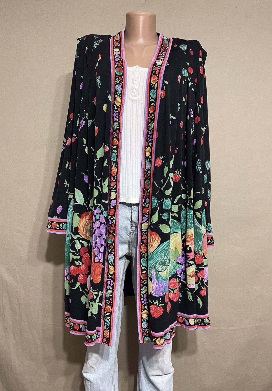 Leonard Paris × Vintage LEONARD Paris Vintage 90s Silk Fruit Print Kimono Dress Size ONE SIZE - 2 Thumbnail