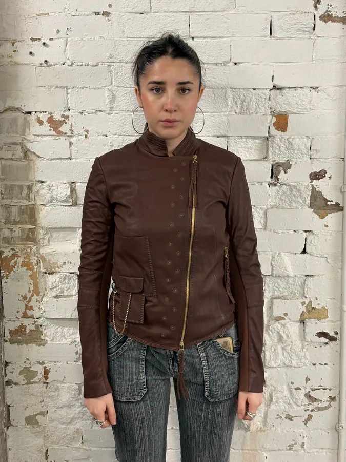 Marithe + Francois Girbaud 2000s Marithé + François Girbaud Brown Asymmetrical Leather Jacket Size S / US 4 / IT 40 - 2 Thumbnail