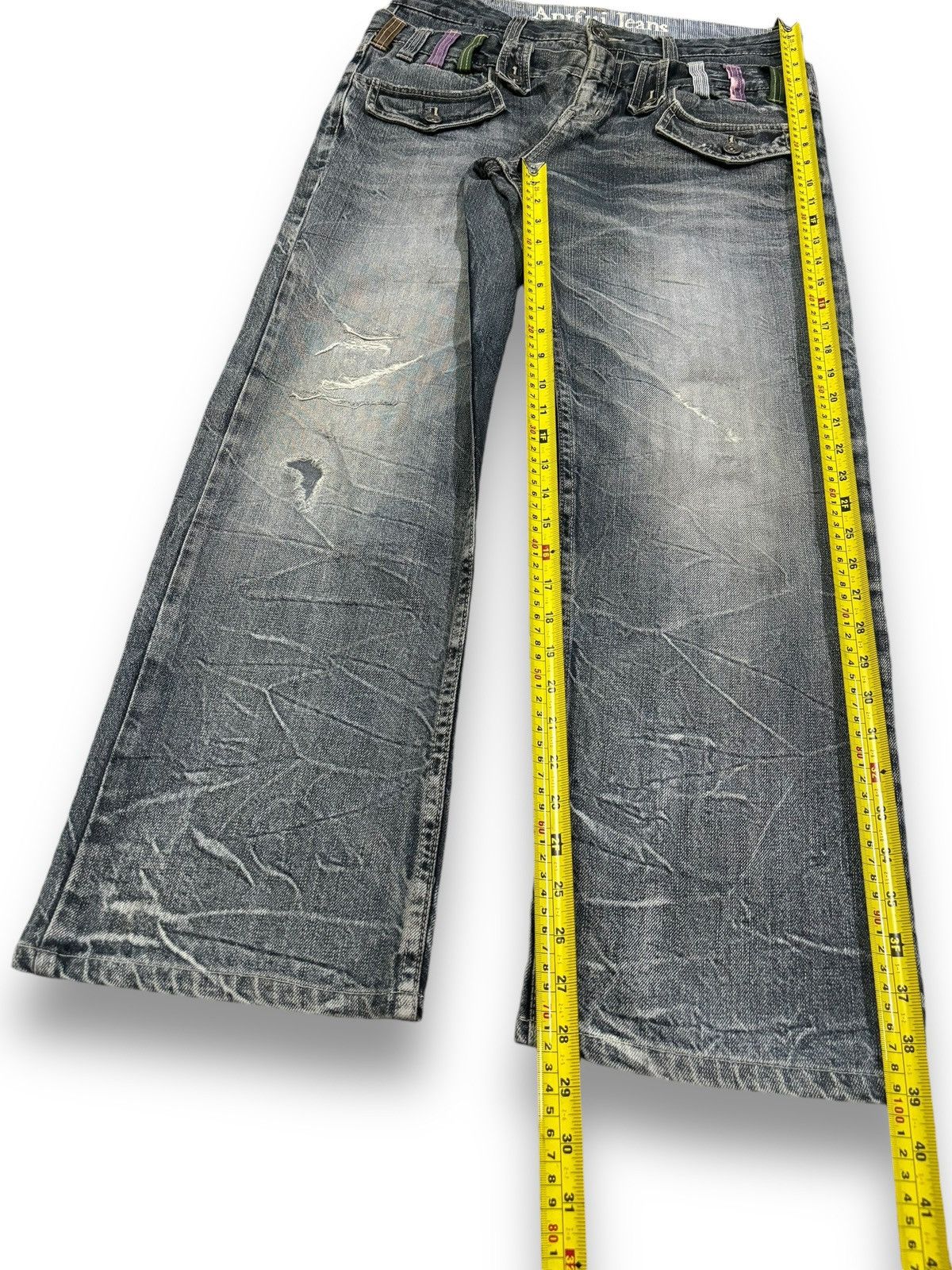 14th Addiction Japanese Brand Double Waist Cracked Wash Loose Ripped Jeans Size US 33 - 16 Thumbnail