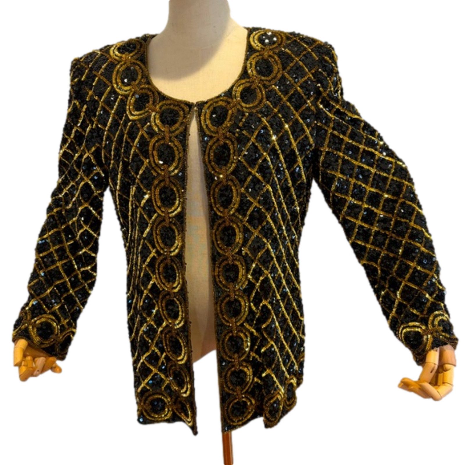 Designer VTG niteline silk SEQUIN beaded jacket gold black kazar Size L / US 10 / IT 46 - 1 Thumbnail