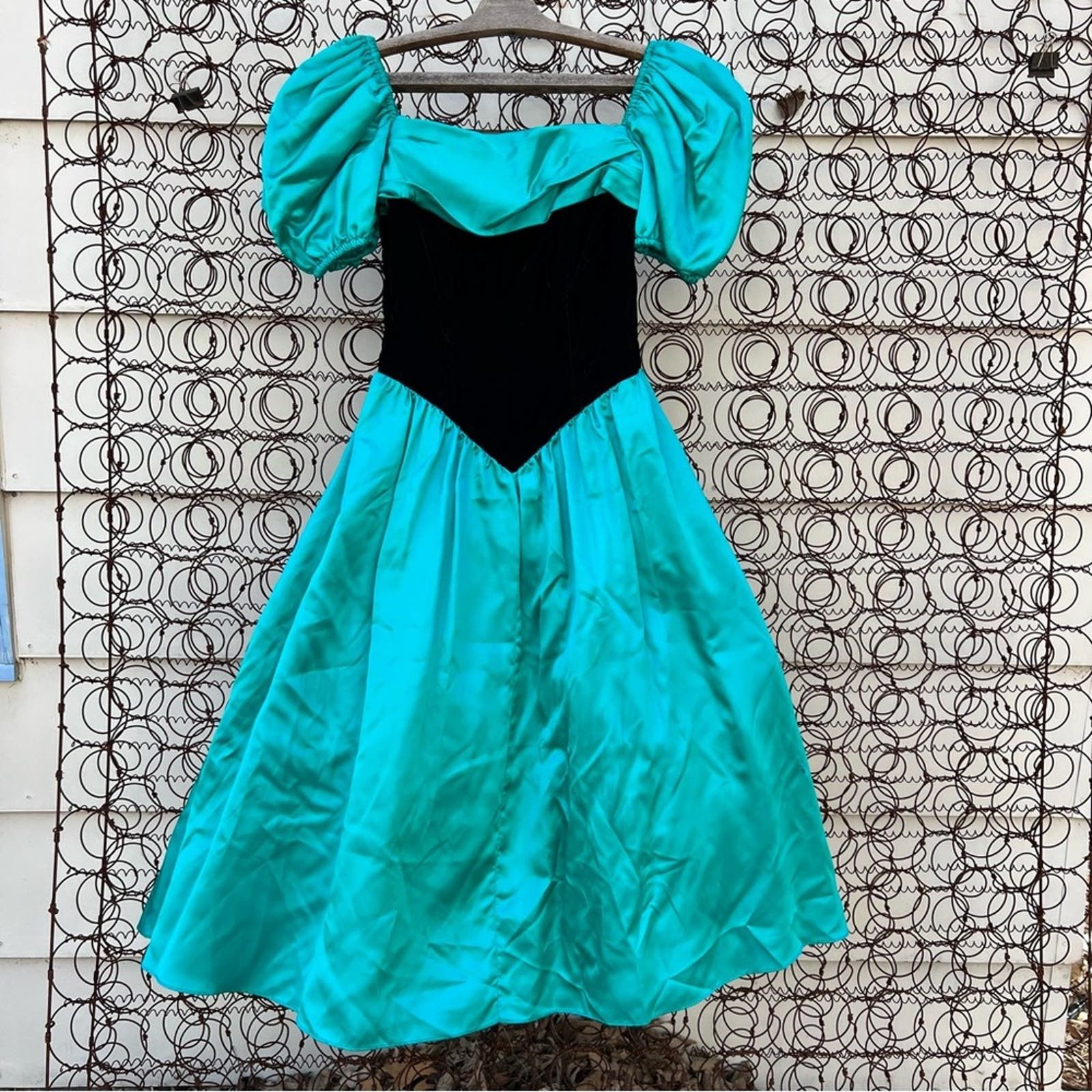 image of Vintage 80's 90's Teal Sateen Black Velvet V Waist Prom Dress Nwt, Women's (Size XS)