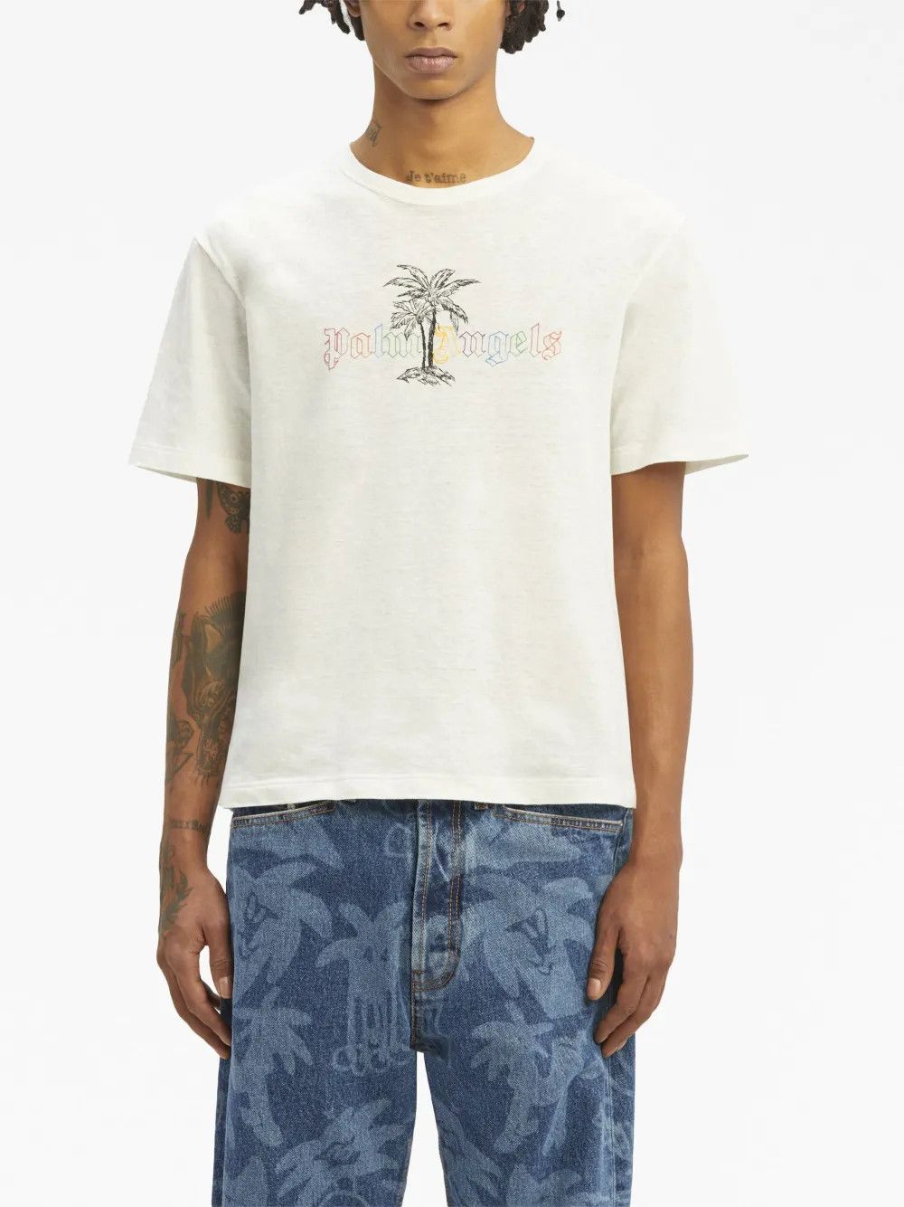 Palm Angels o1y0325 Logo Crewneck T-Shirt in White Size US L / EU 52-54 / 3 - 2 Thumbnail