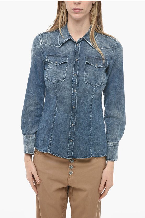 image of Dondup Stone Washed Denim Shirt With Snap Buttons in Blue, Women's (Size 27)