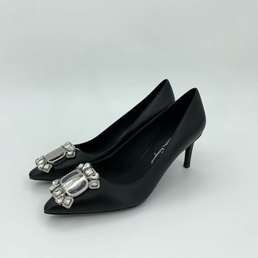 Salvatore Ferragamo Salvatore Ferragamo Black Leather Heels With Crystal Buckle Size US 7 / IT 37 - 1 Thumbnail