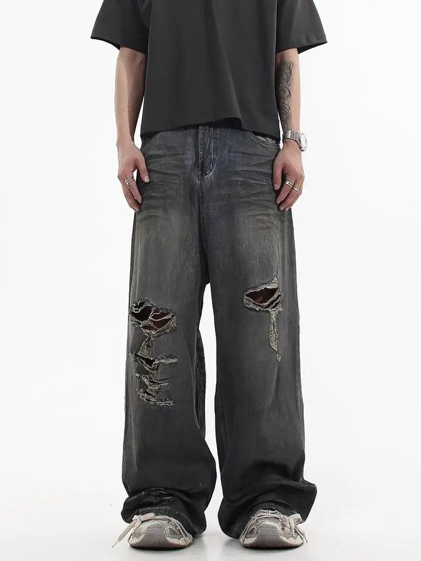 Designer × Japanese Brand Faded gray ripped washed and distressed baggy jeans Size US 33 - 1 Thumbnail