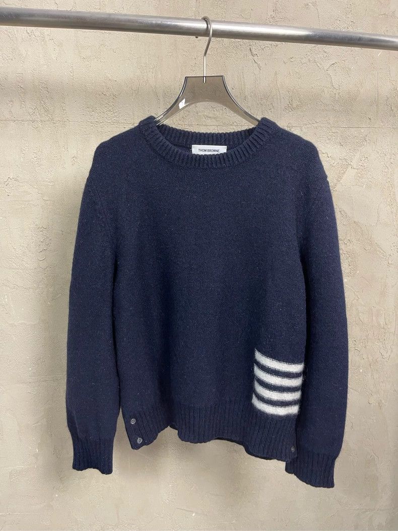 Thom Browne Thom browne Dark blue four-striped wool horsehair round-nec Size US XL / EU 56 / 4 - 1 Thumbnail
