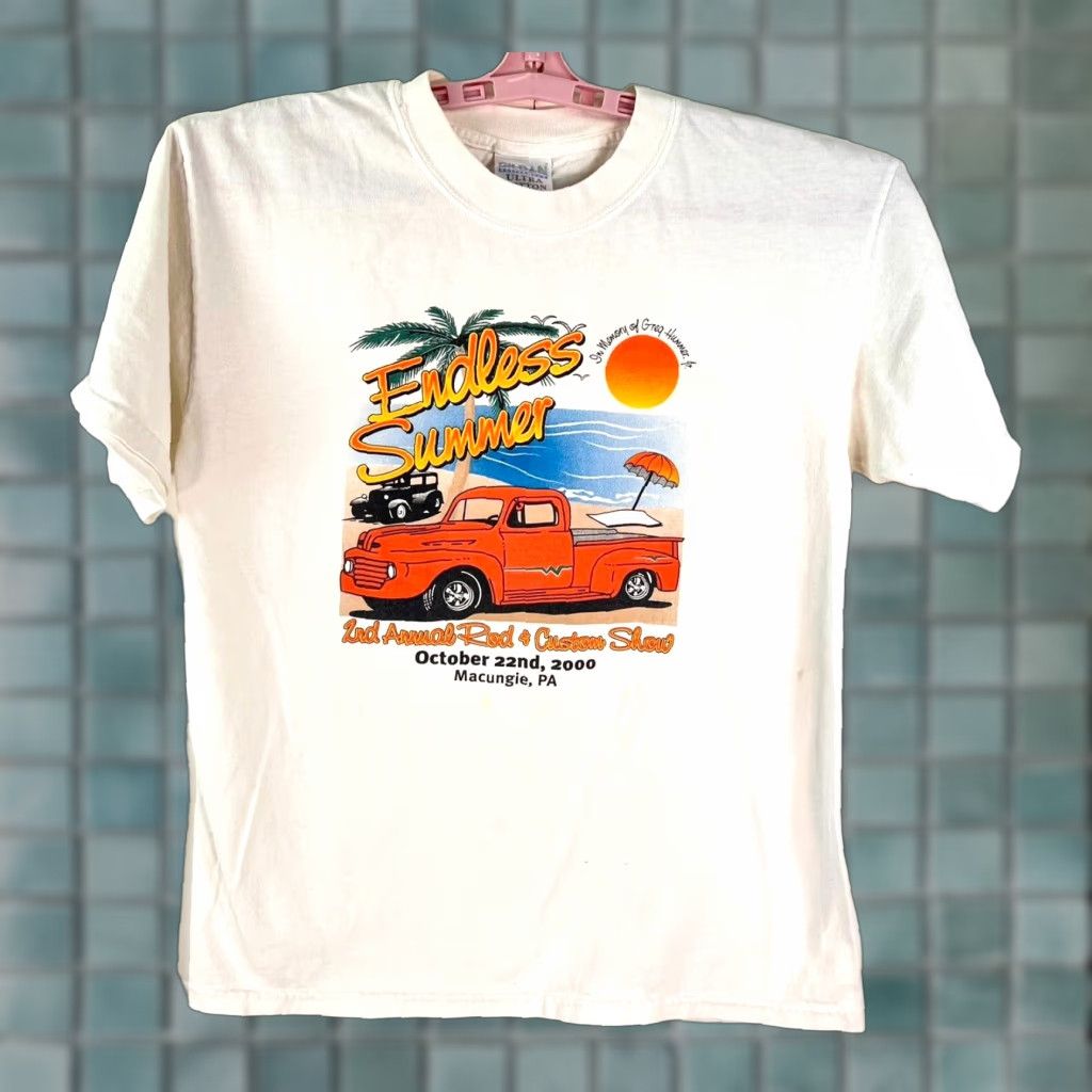 Gildan VINTAGE Endless Summer 2000 Hot Rod Show T Shirt White M Men Graphic Tee 1990s Macungie PA Decade 90s Sportswear/Beach Size US M / EU 48-50 / 2 - 1 Thumbnail