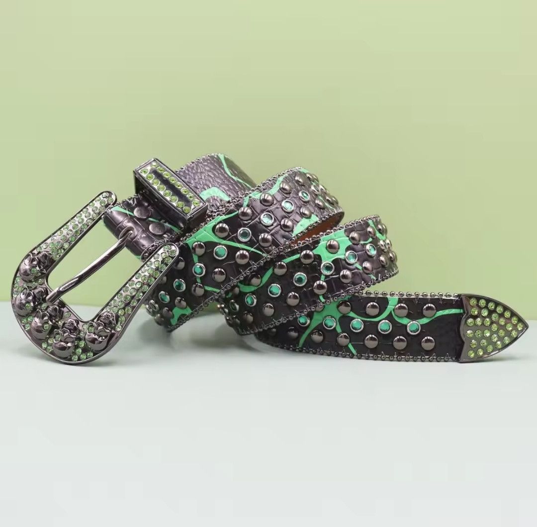Vintage Skull Rhinestone Studded Bling Y2K Belt 105cm Size 32 - 2 Thumbnail